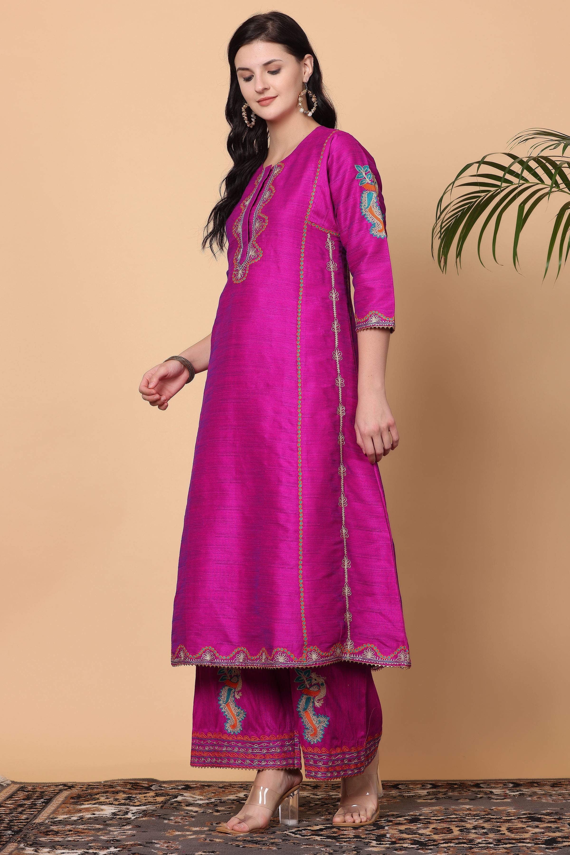 Kaanchie Nanggia Pink Embroidered Kurta Palazzo with Orange Dupatta (Set of 3)