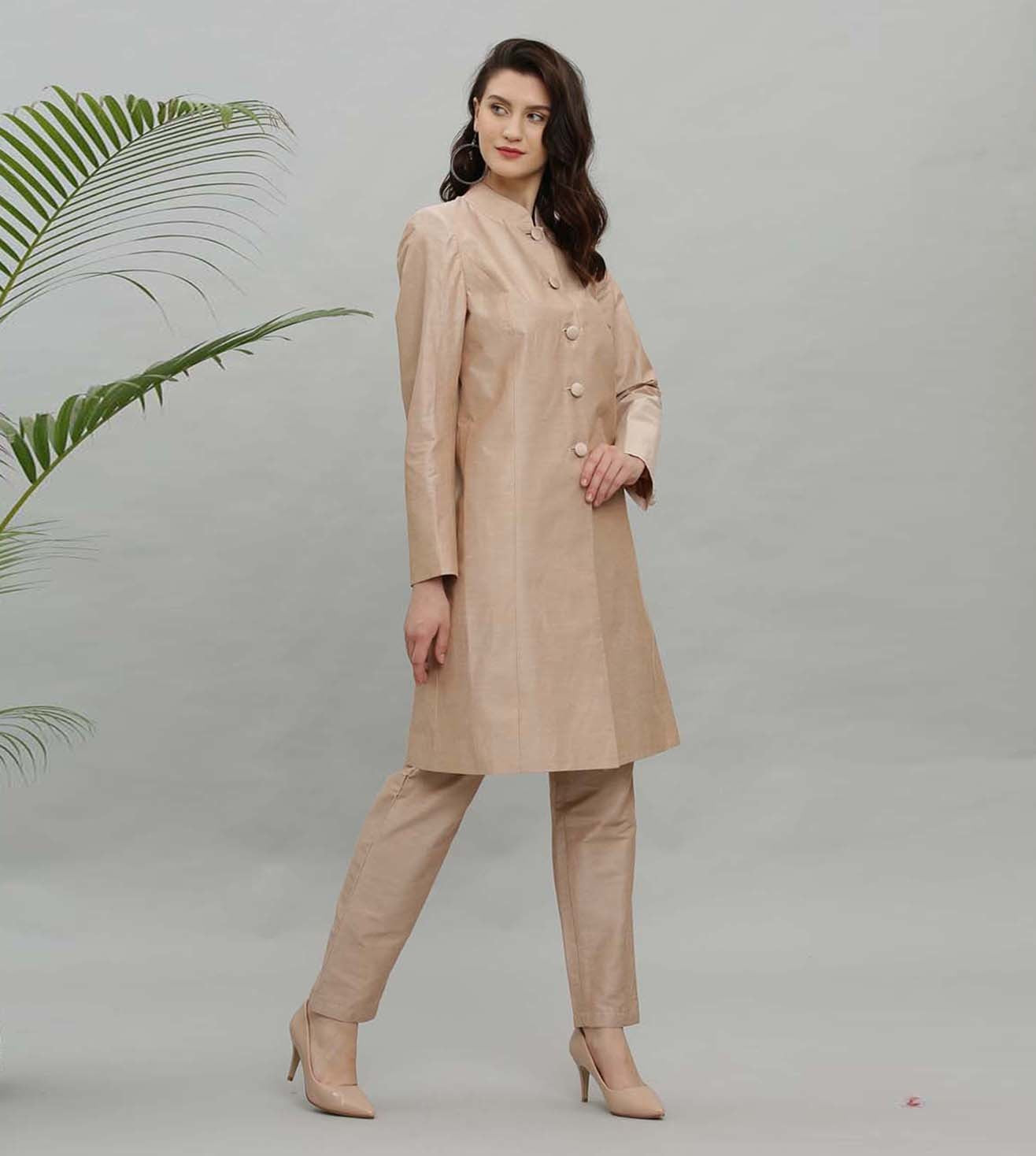 Kaanchie Nanggia Beige Solid Jacket Kurta And Pant - (Set of 2)