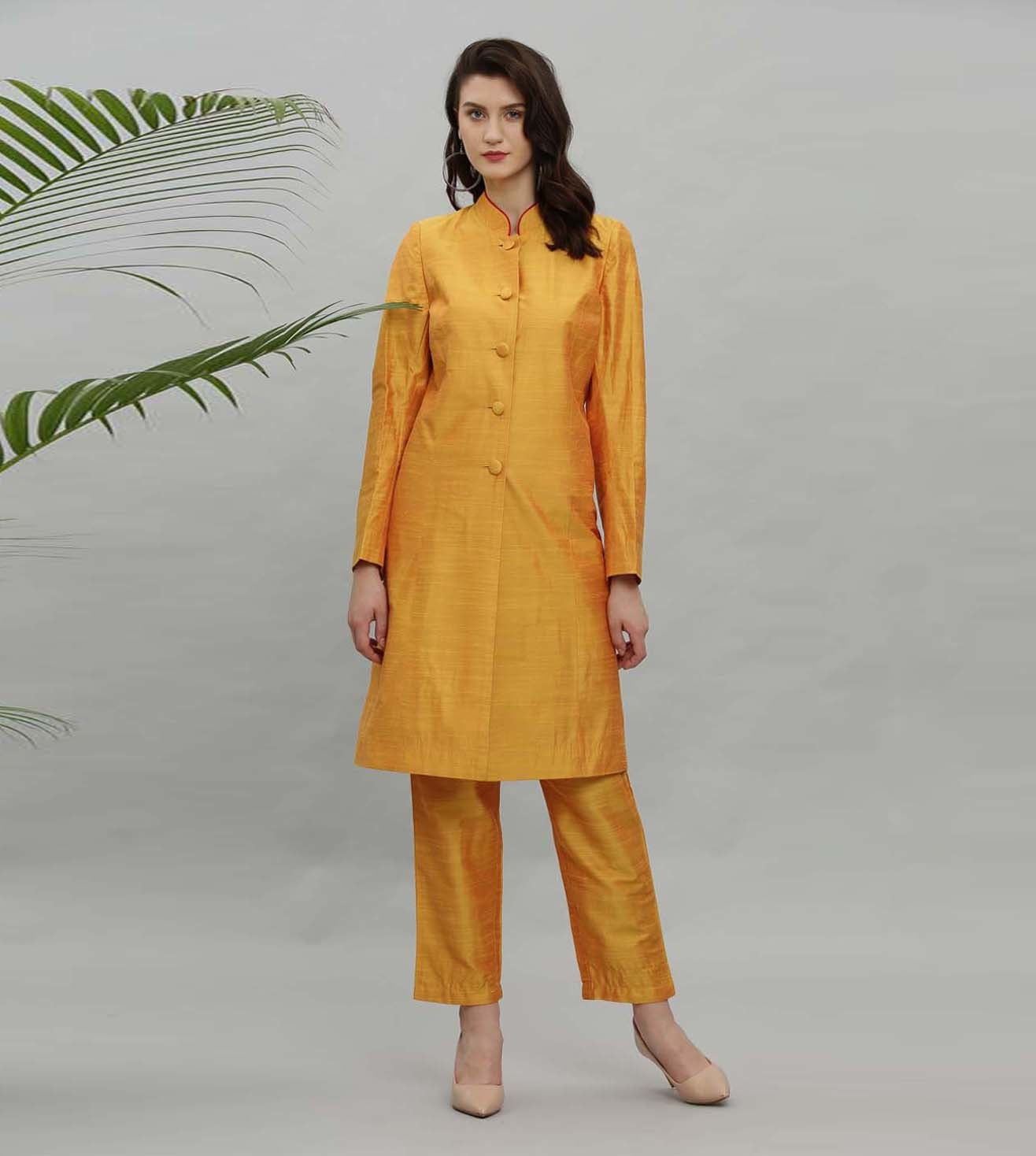 Kaanchie Nanggia Yellow Solid Jacket Kurta And Pant - (Set of 2)