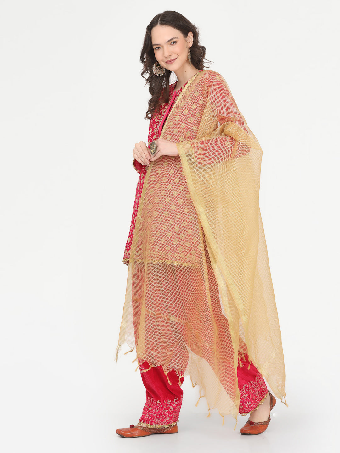 Kaanchie Nanggia Pink Embroidered Kurta Salwar with Chanderi Dupatta (Set of 3)