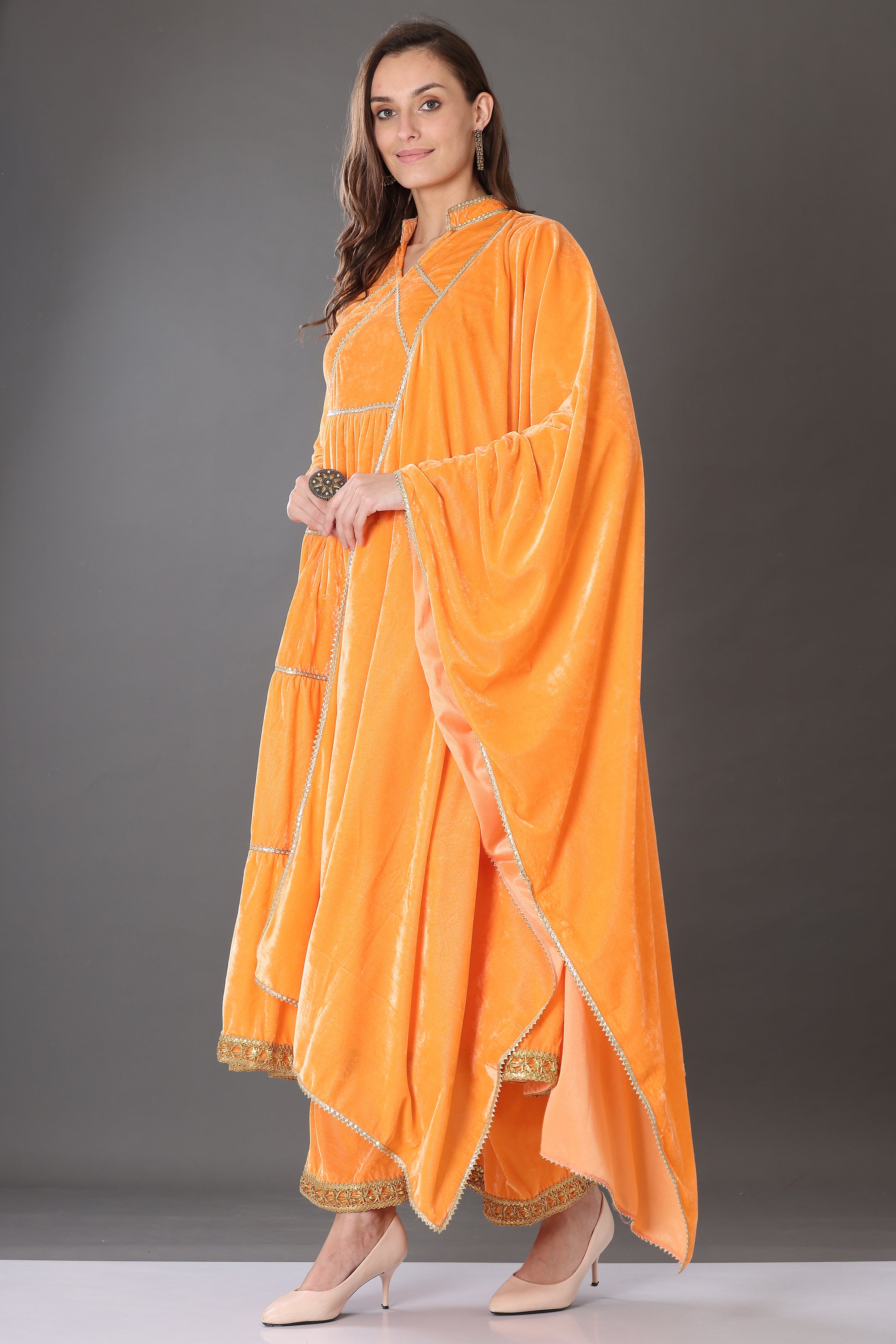 Kaanchie Nanggia Orange Velvet with Gota Patti Work Flared Kurta Palazzo & Dupatta (Set of 3)