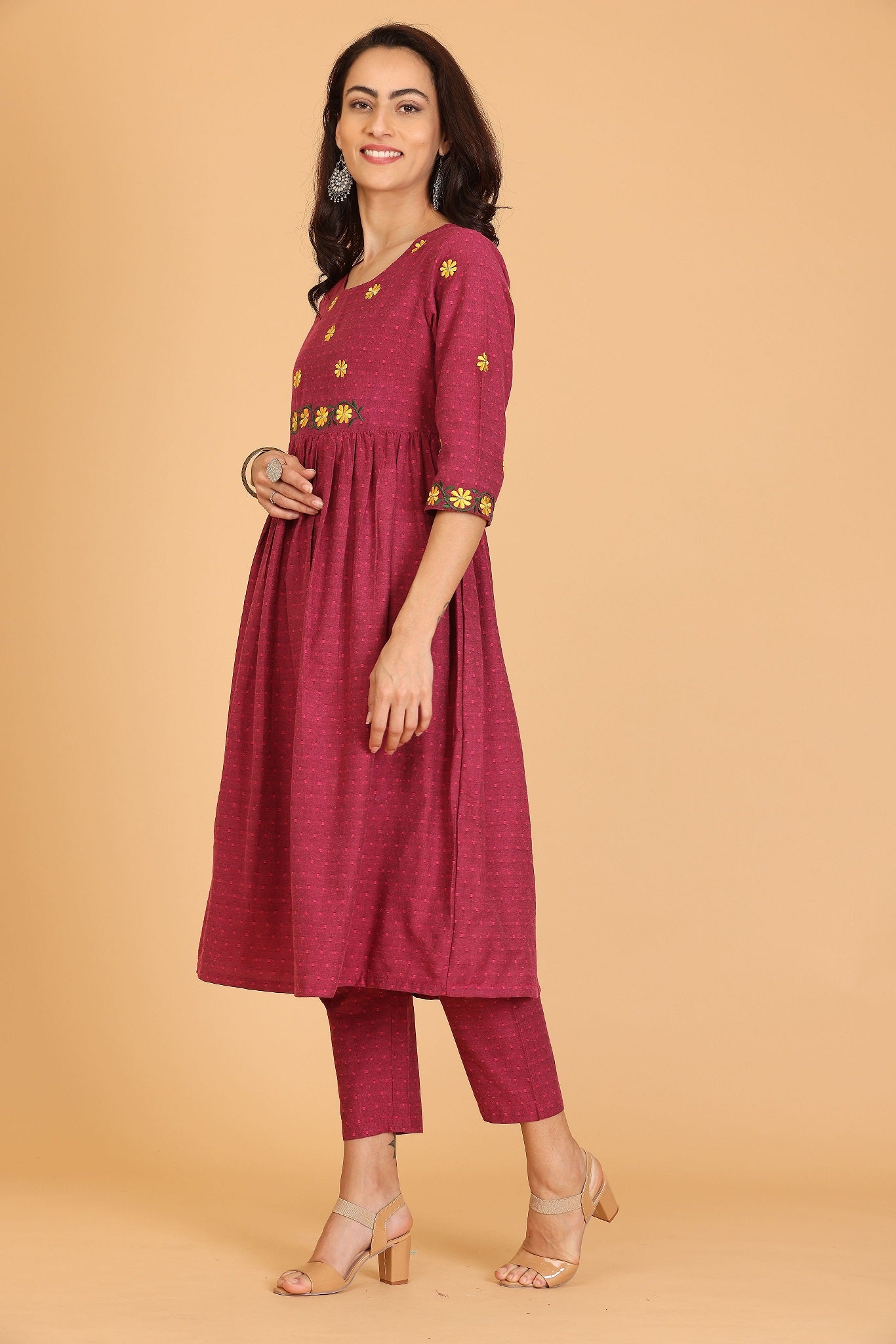 Kaanchie Nanggia Red Embroidered Flayred Kurta with Pant (Set of 2)