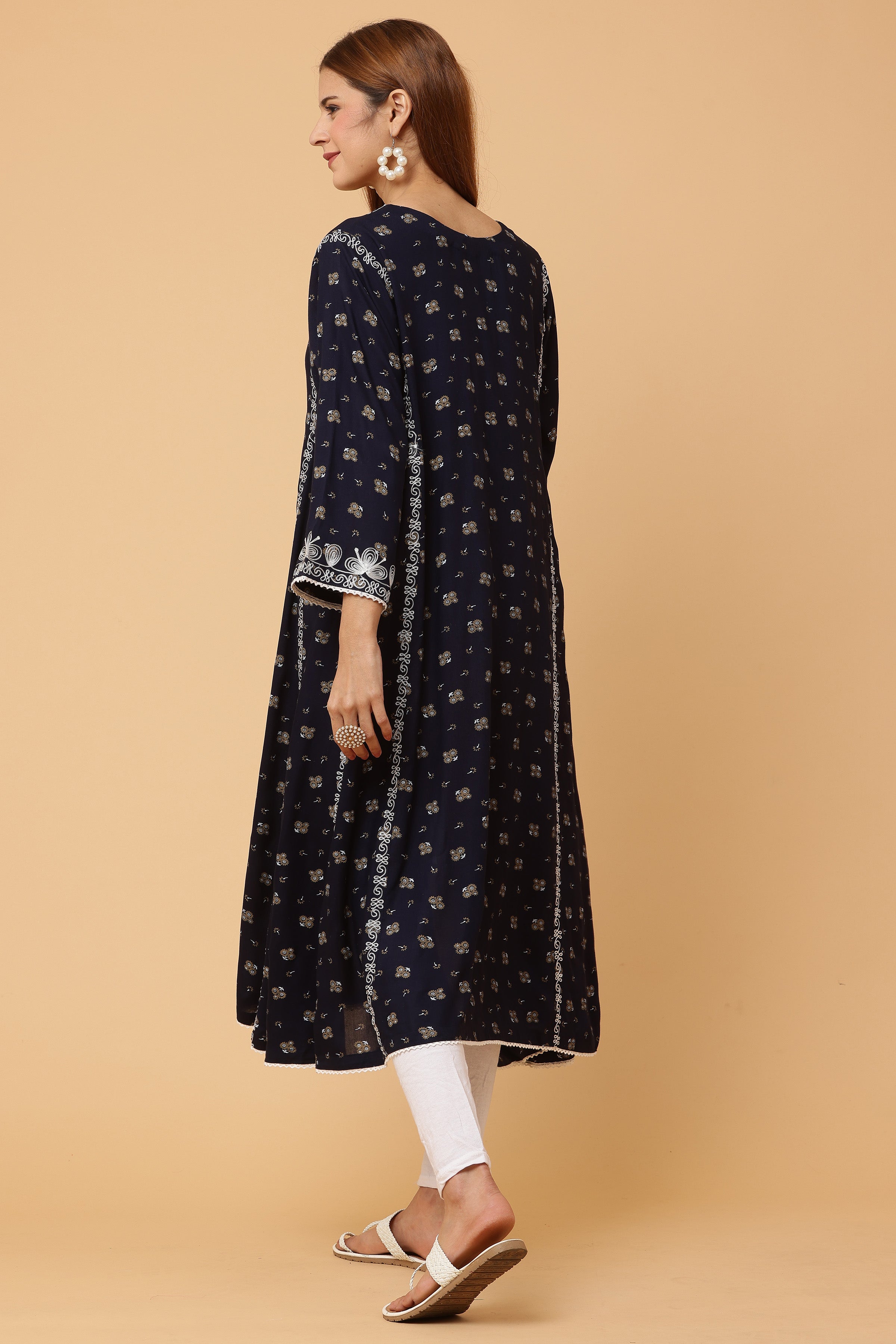 Kaanchie Nanggia Navy Blue Embroidered Flared Kurta with Leggings (Set of 2)