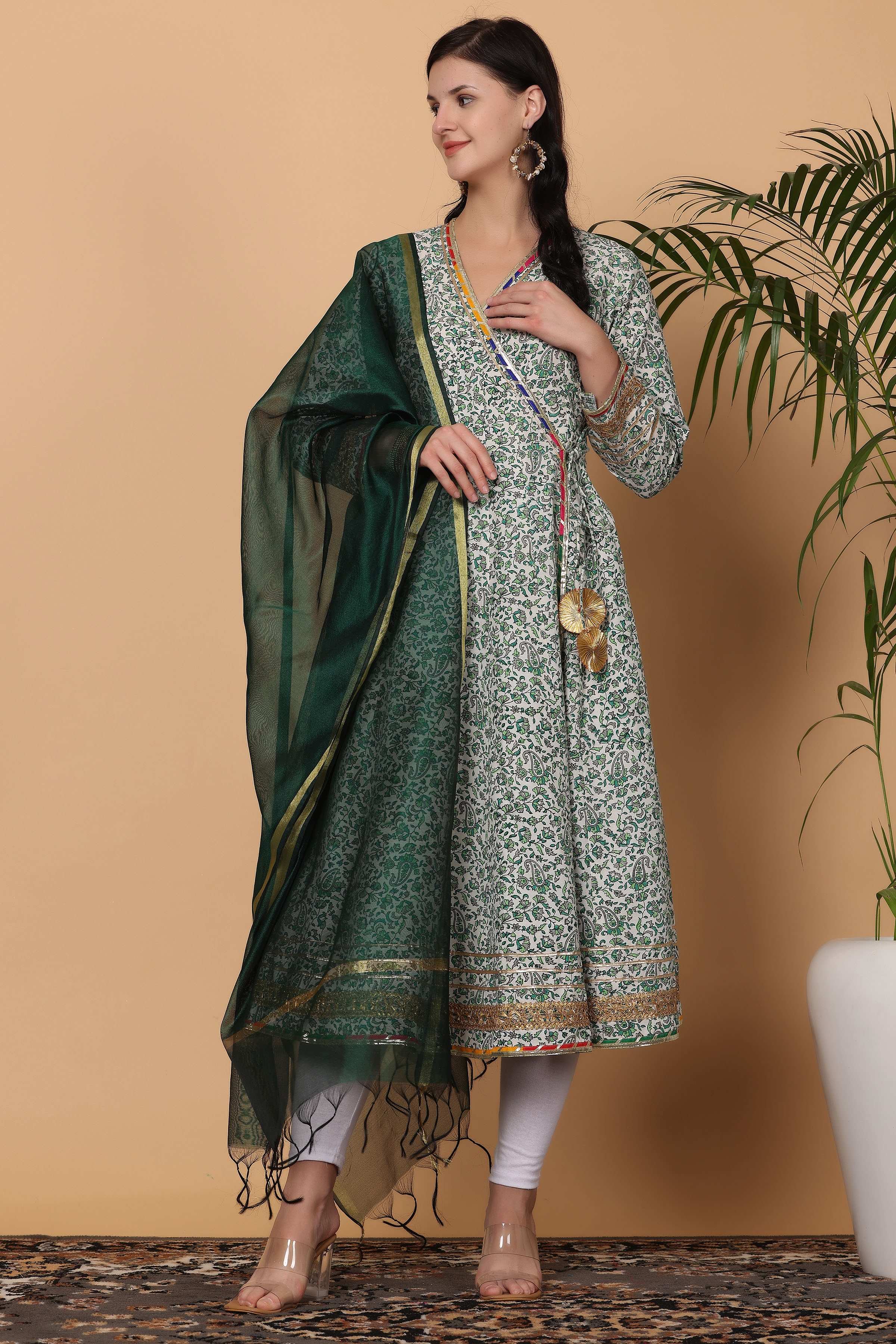 Kaanchie Nanggia Green Cotton Printed Anarkali Kurta with Dupatta and Leggings (Set of 3)