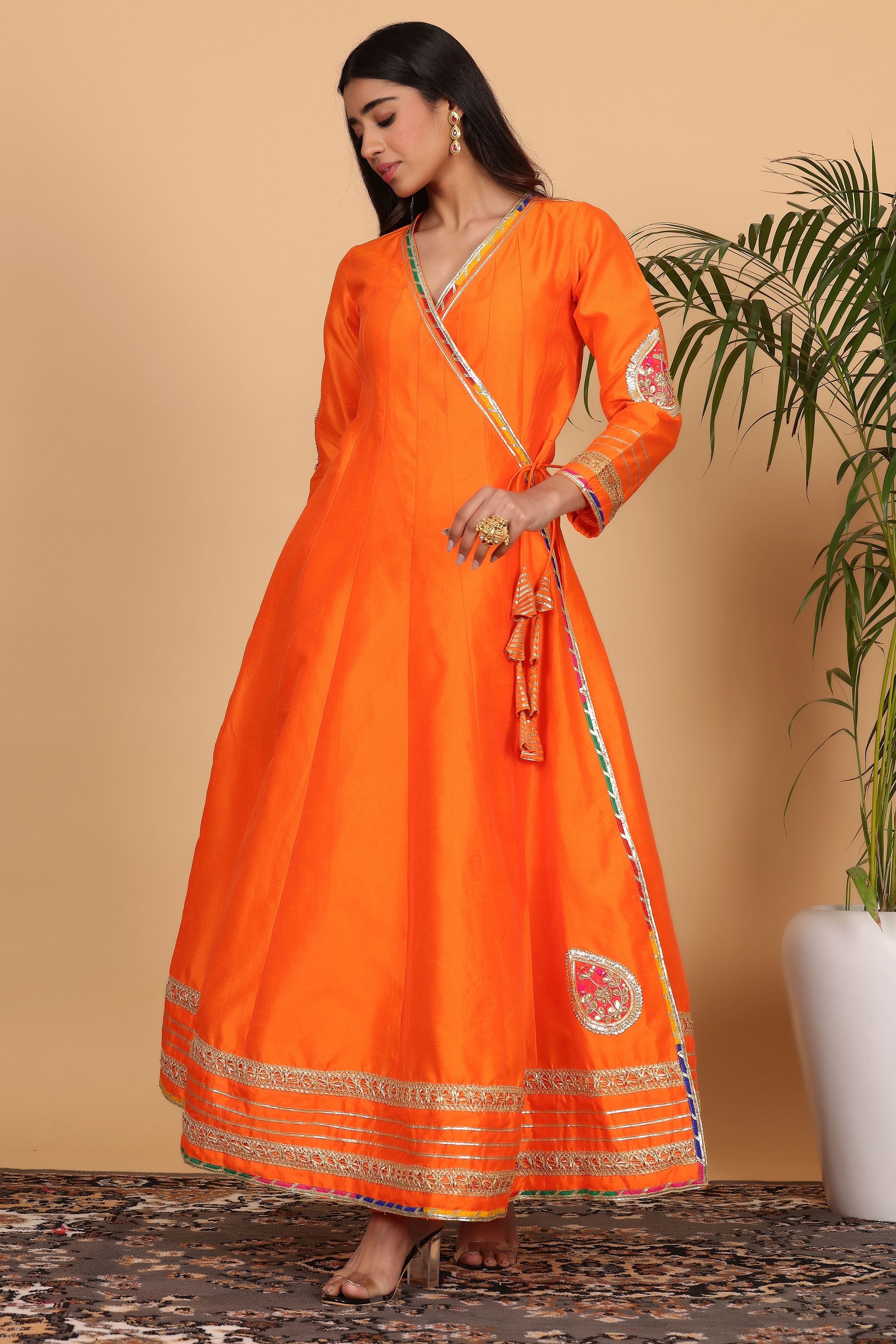 Kaanchie Nanggia Orange Silk Gota Work Anarkali Printed Dupatta with Churidar (Set of 3)