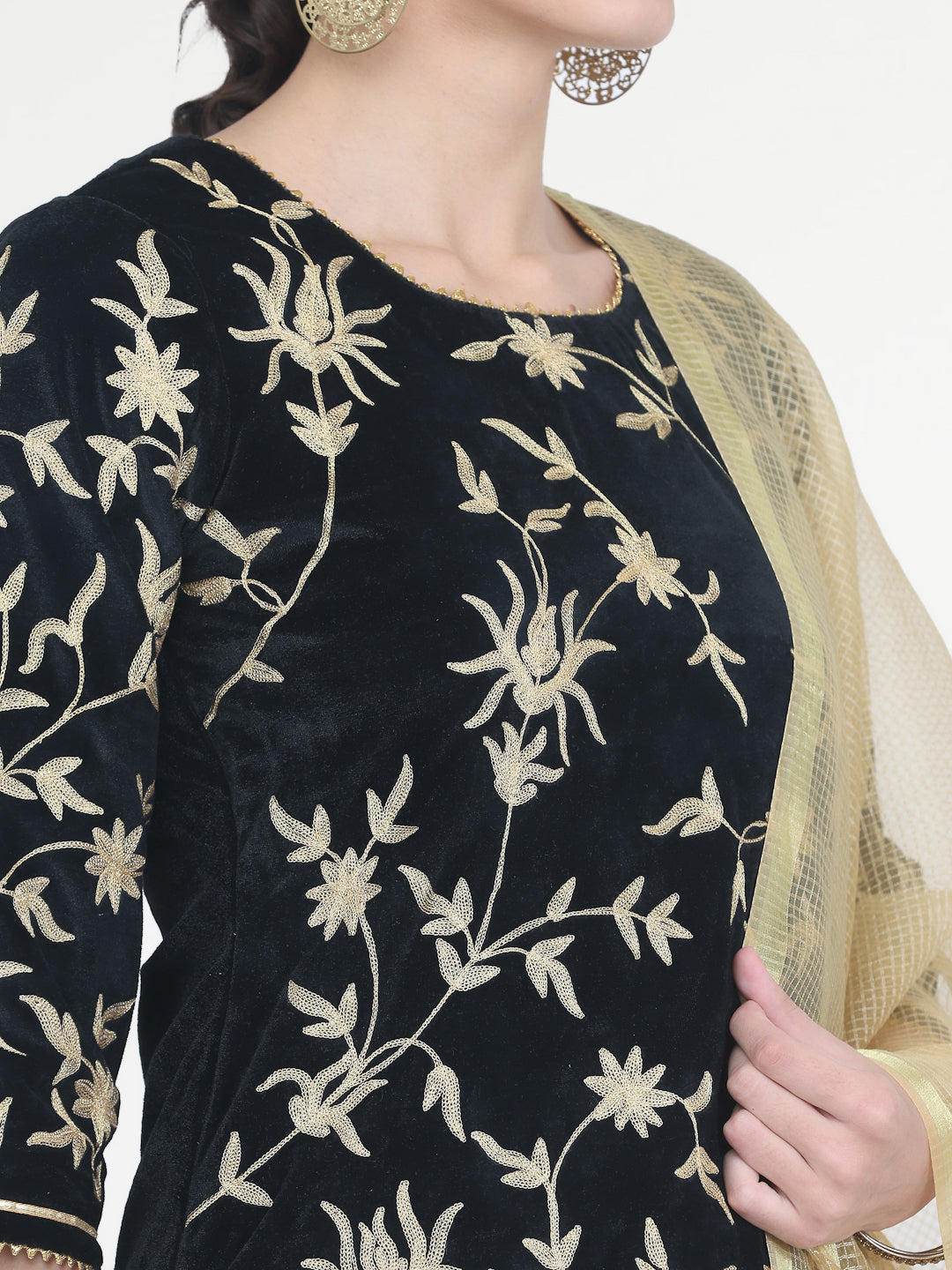 Kaanchie Nanggia Black Embroidered Kurta Skirt with Chanderi Dupatta (Set of 3)