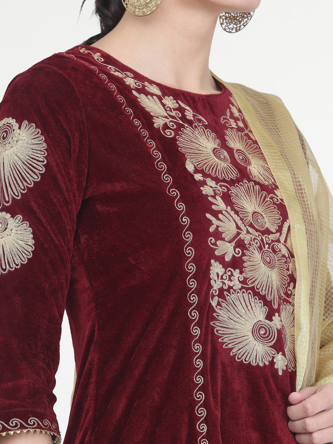 Kaanchie Nanggia Maroon Embroidered Kurta Palazzo with Chanderi Dupatta (Set of 3)