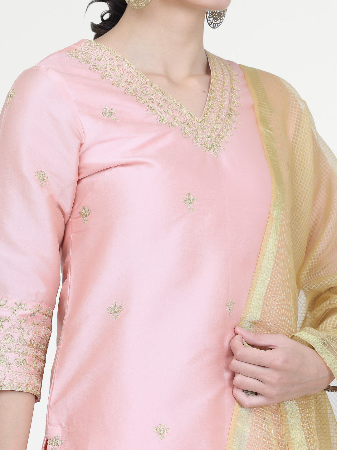 Kaanchie Nanggia Peach Taffeta Embroidered Kurta Pant with Dupatta (Set of 3)