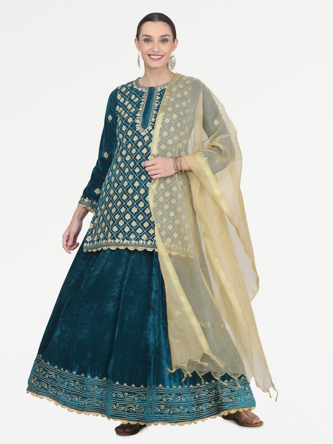 Kaanchie Nanggia Teal Green Embroidered Kurta Skirt with Chanderi Dupatta (Set of 3)