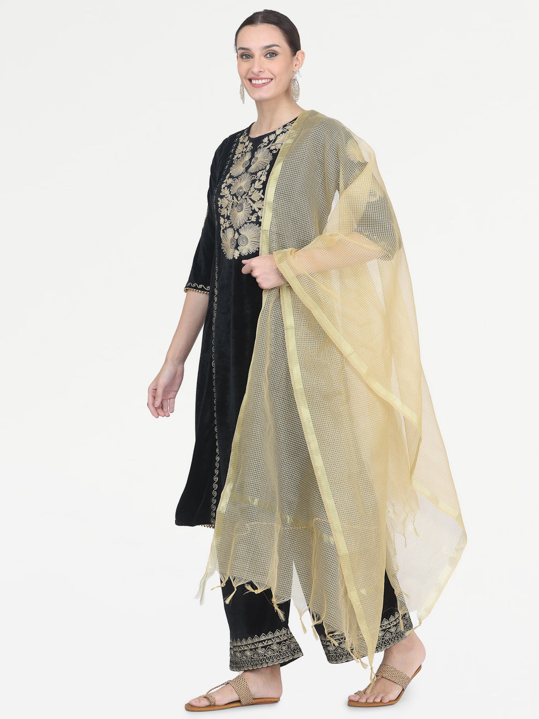 Kaanchie Nanggia Black Embroidered Kurta Palazzo with Chanderi Dupatta (Set of 3)