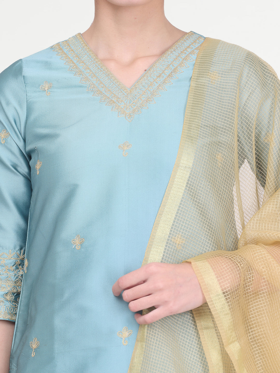 Kaanchie Nanggia Blue Taffeta Embroidered Kurta Pant with Dupatta (Set of 3)