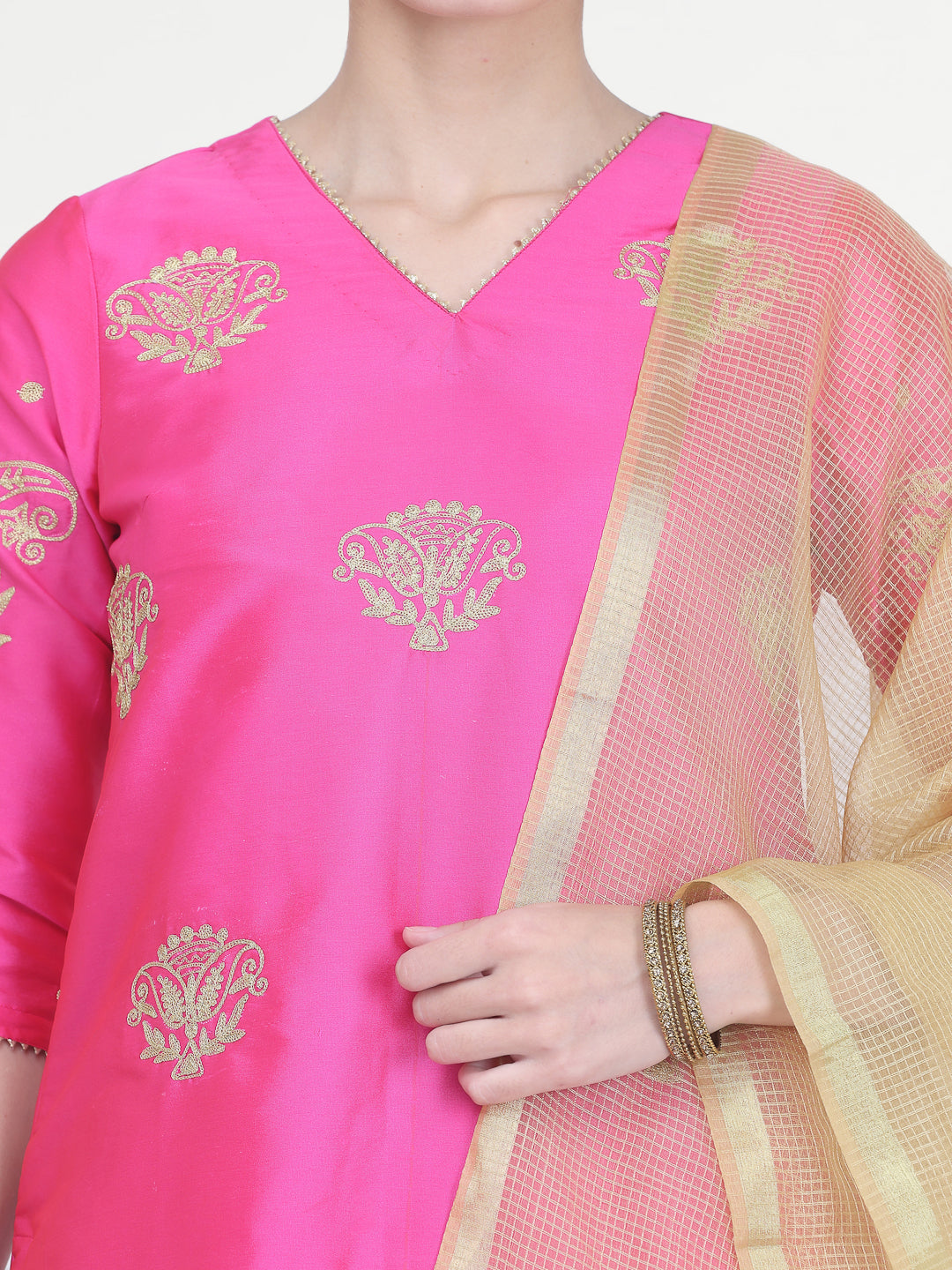 Kaanchie Nanggia Pink Taffeta Embroidered Kurta Pant with Dupatta (Set of 3)