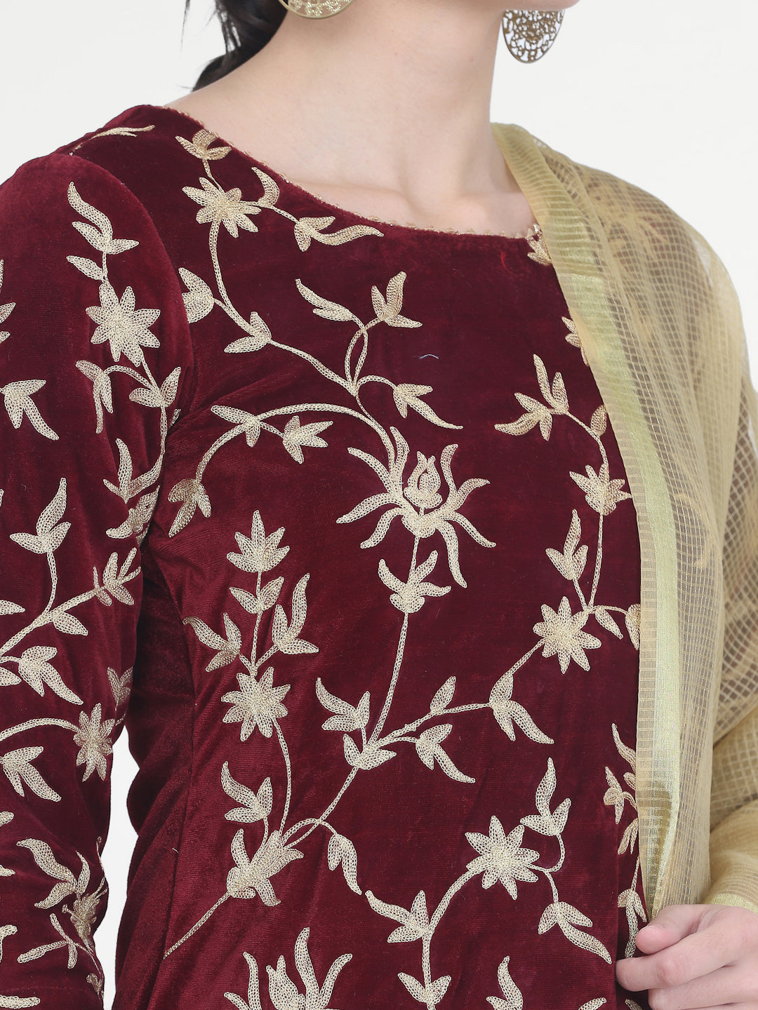 Kaanchie Nanggia Maroon Embroidered Kurta Skirt with Chanderi Dupatta (Set of 3)