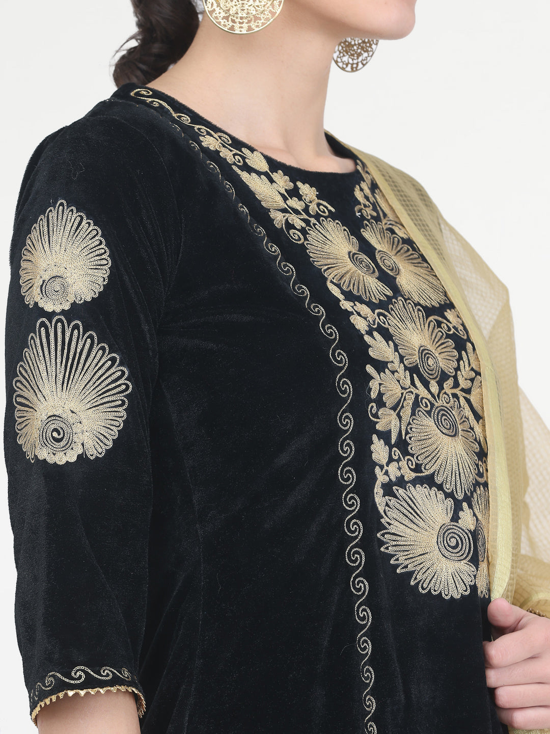 Kaanchie Nanggia Black Embroidered Kurta Salwar with Chanderi Dupatta (Set of 3)