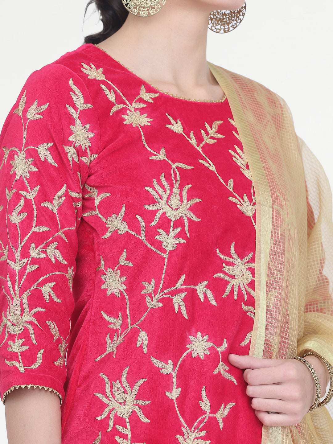 Kaanchie Nanggia Pink Velvet Embroidered Kurta Skirt with Dupatta (Set of 3)