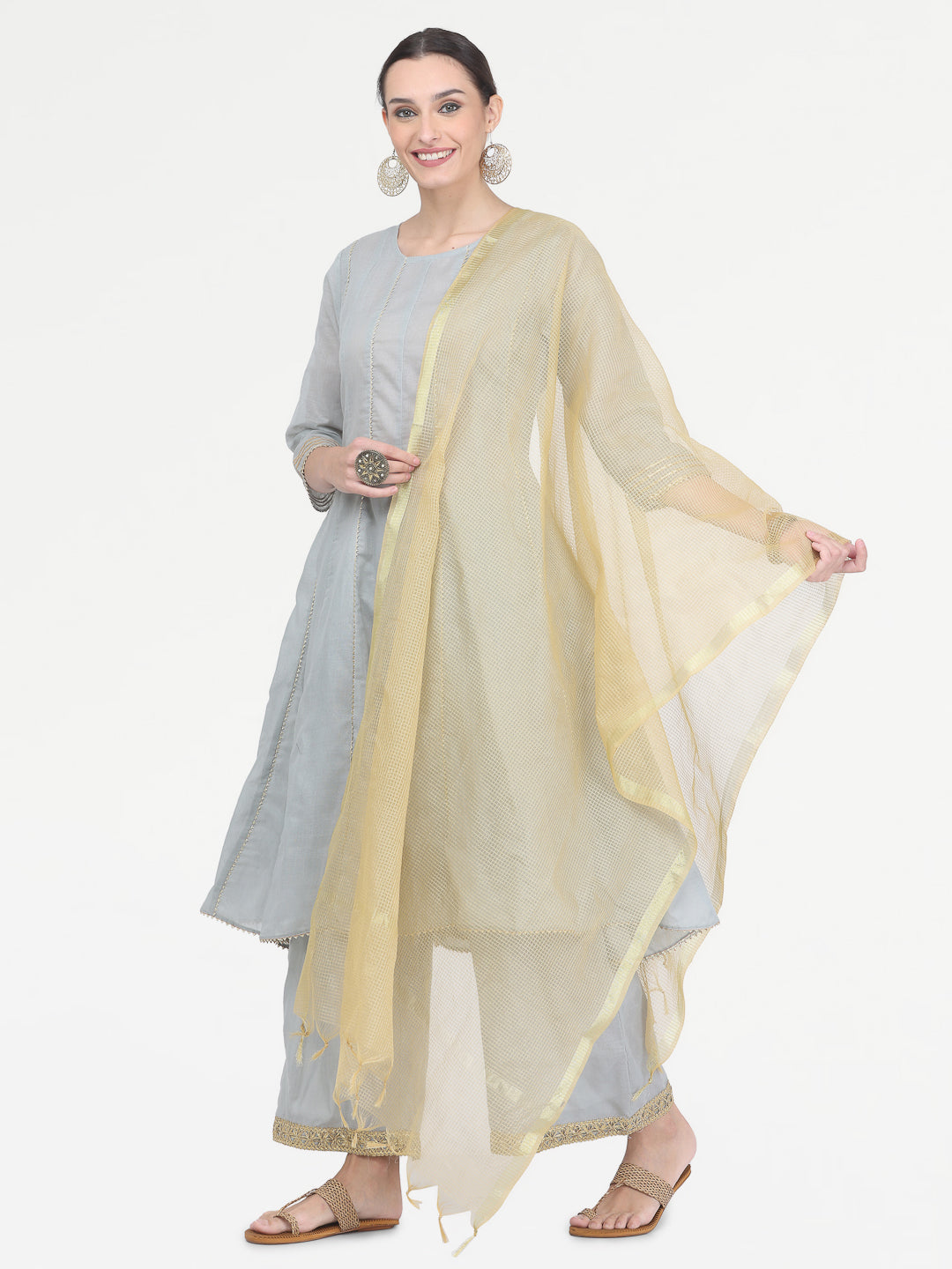 Kaanchie Nanggia Grey Gota Work Kurta Palazzo with Dupatta (Set of 3)