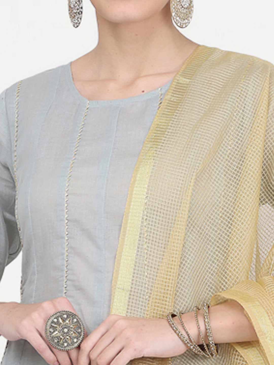 Kaanchie Nanggia Grey Gota Work Kurta Palazzo with Dupatta (Set of 3)