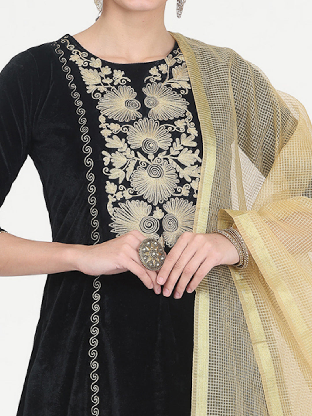 Kaanchie Nanggia Black Embroidered Kurta Palazzo with Chanderi Dupatta (Set of 3)