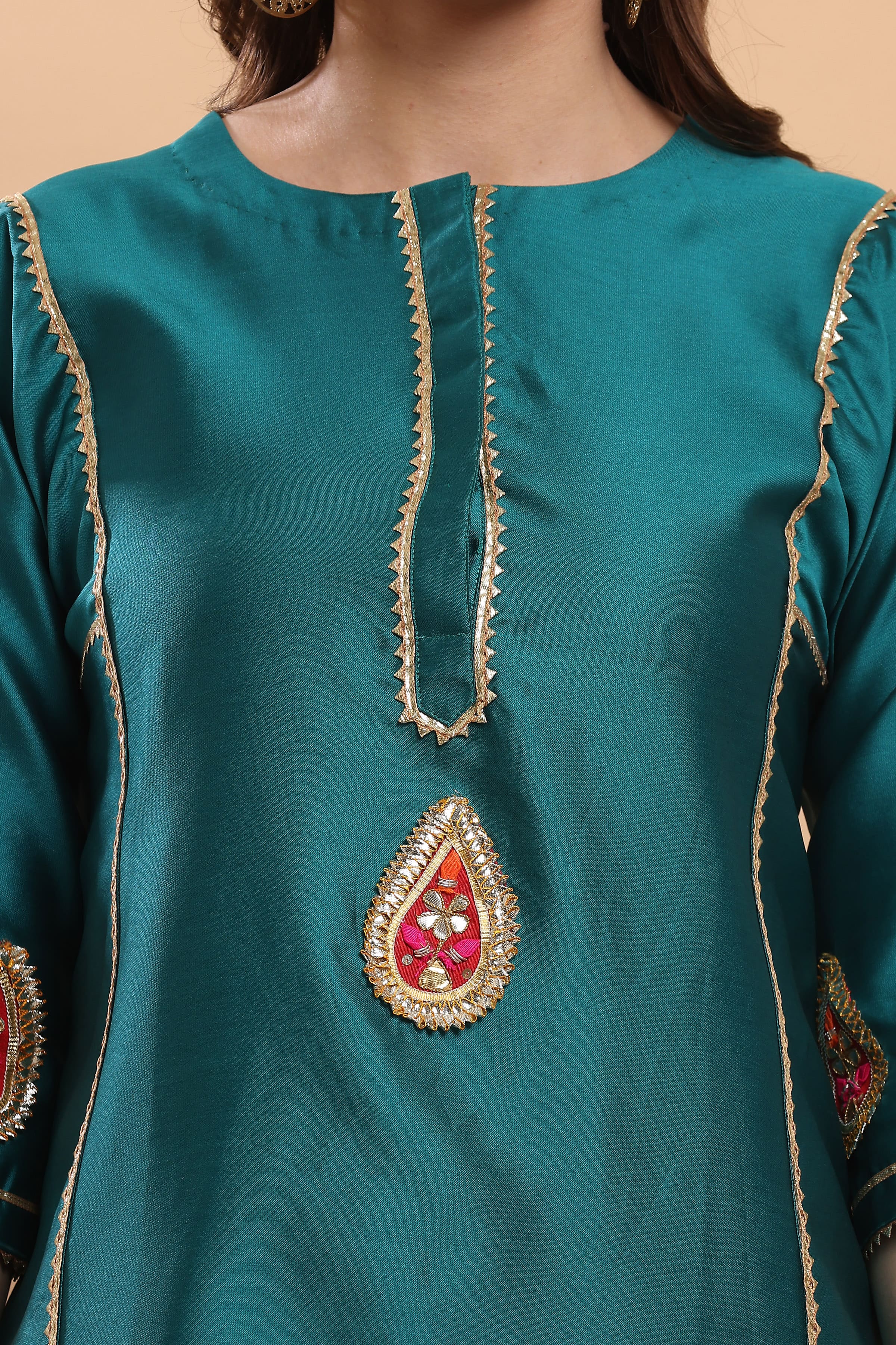 Kaanchie Nanggia Teal Flayred Gota Work Kurta Palazzo (Set of 2)