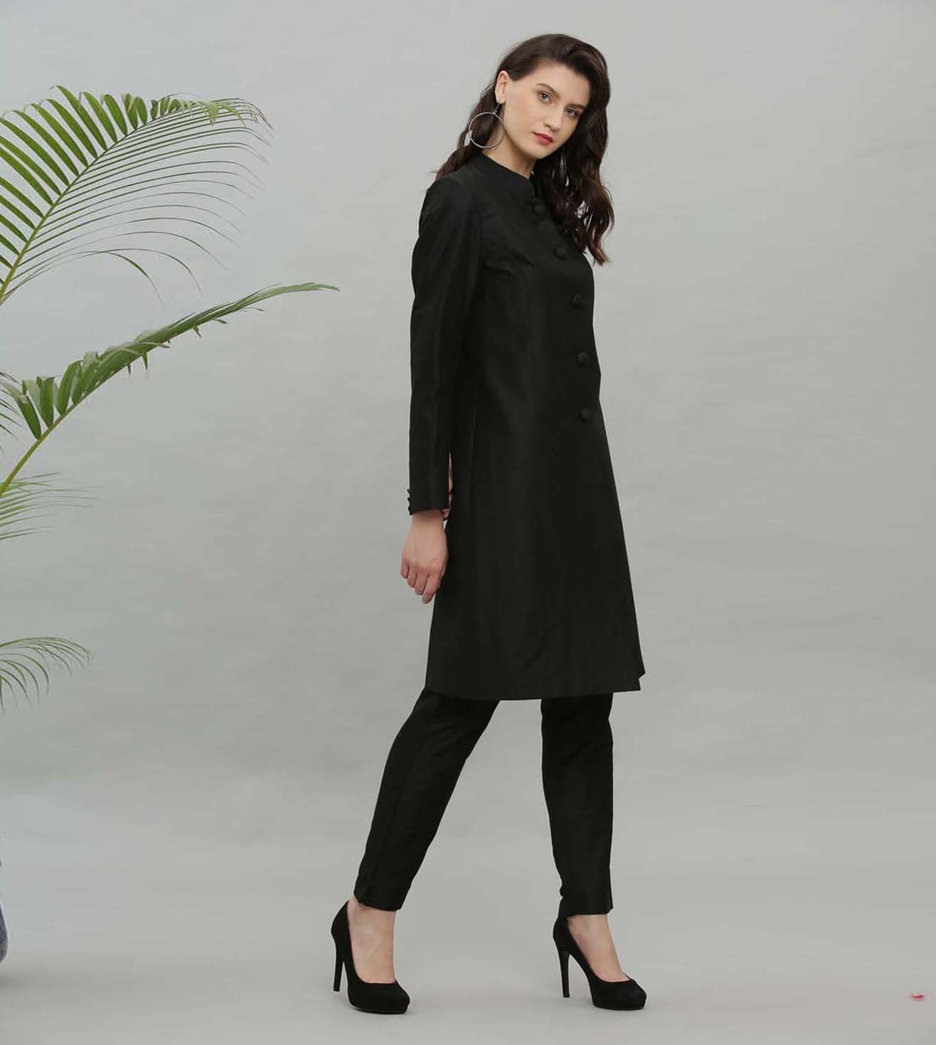 Kaanchie Nanggia Black Solid Jacket Kurta And Pant - (Set of 2)