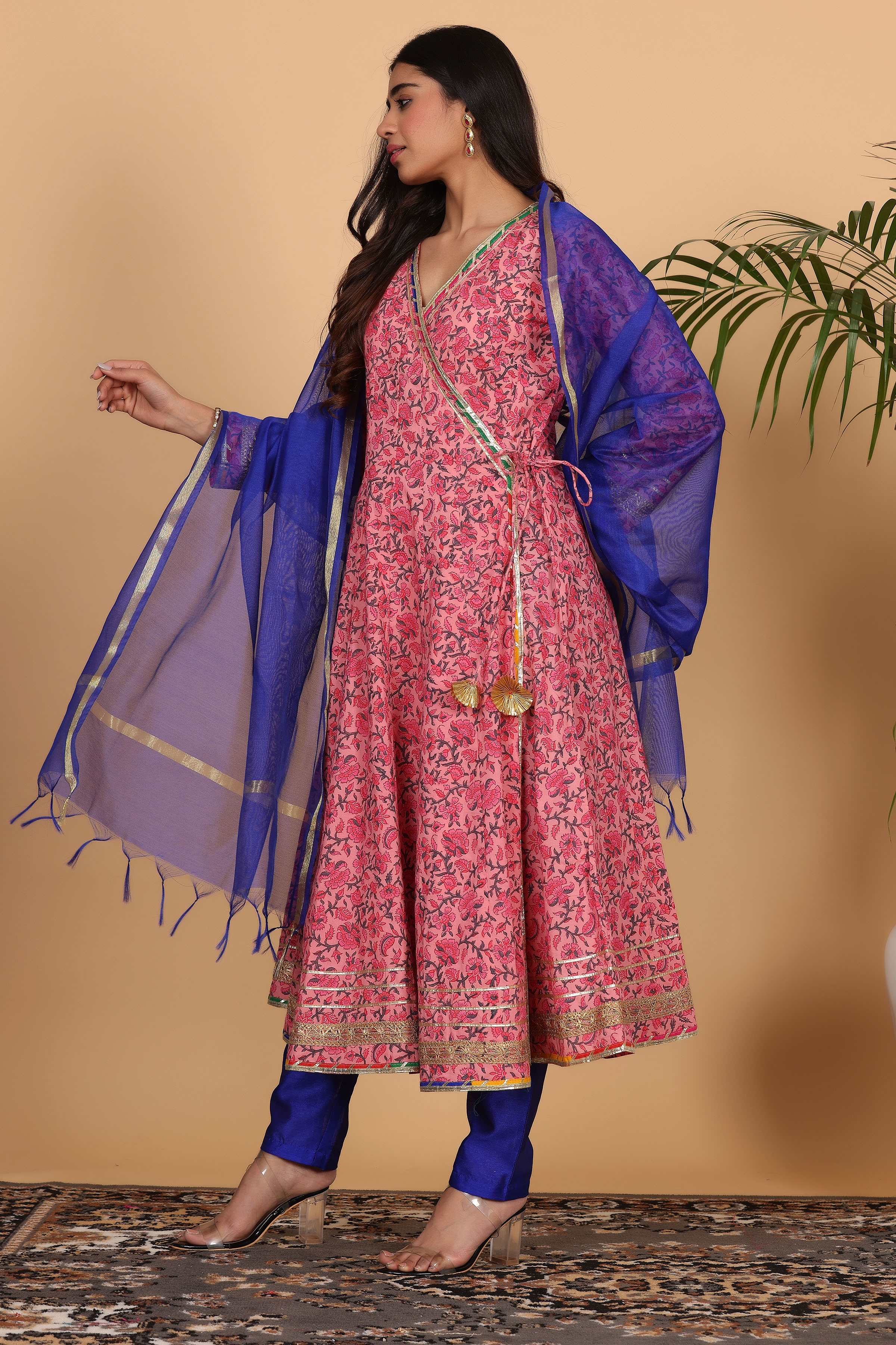 Kaanchie Nanggia Pink Cotton Printed Anarkali Kurta with Dupatta and Pants (Set of 3)