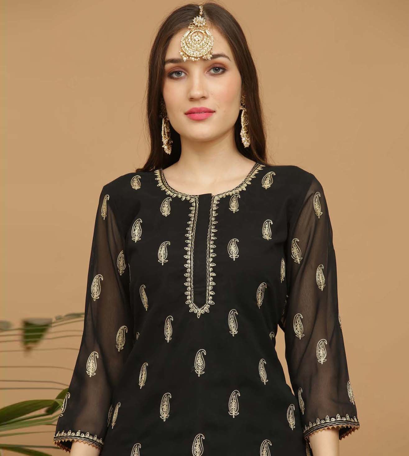 Kaanchie Nanggia Black Embroidery Georgette Kurta with Skirt (Set of 2)