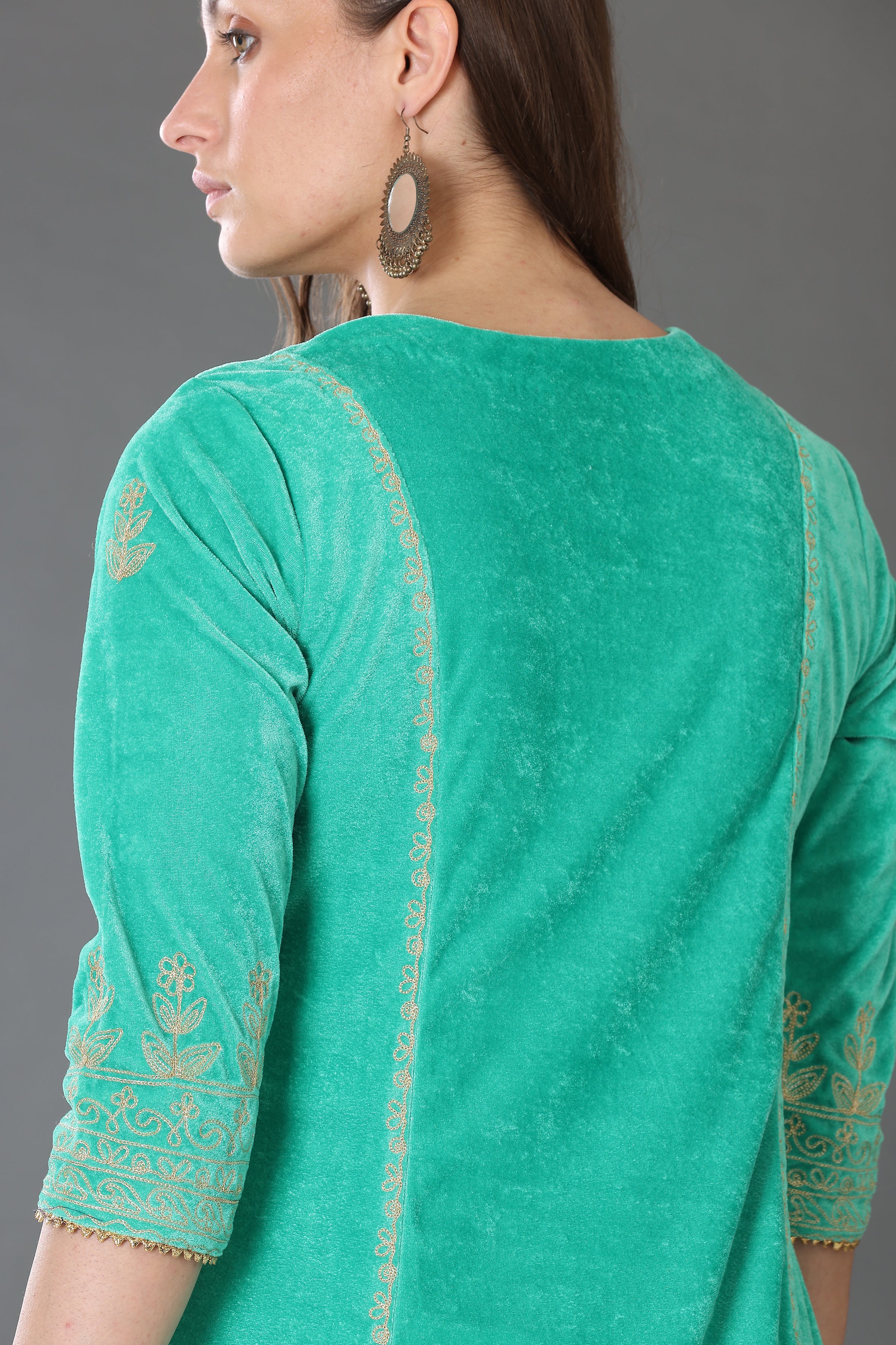 Kaanchie Nanggia Green Velvet Embroidered Kurta Palazzo and Dupatta (Set of 3)