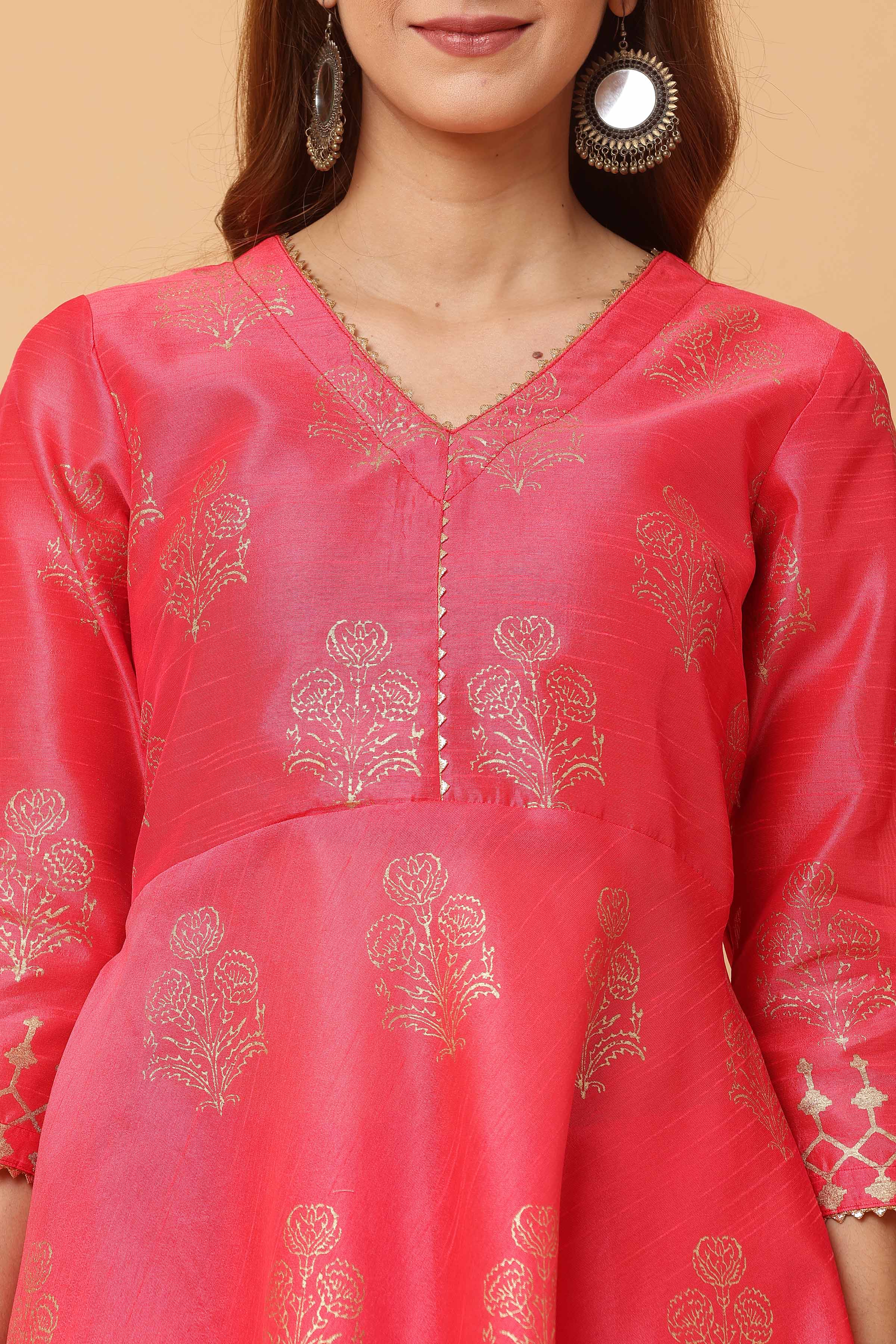 Kaanchie Nanggia Pink Flared Printed Kurta with Pant (Set of 2)