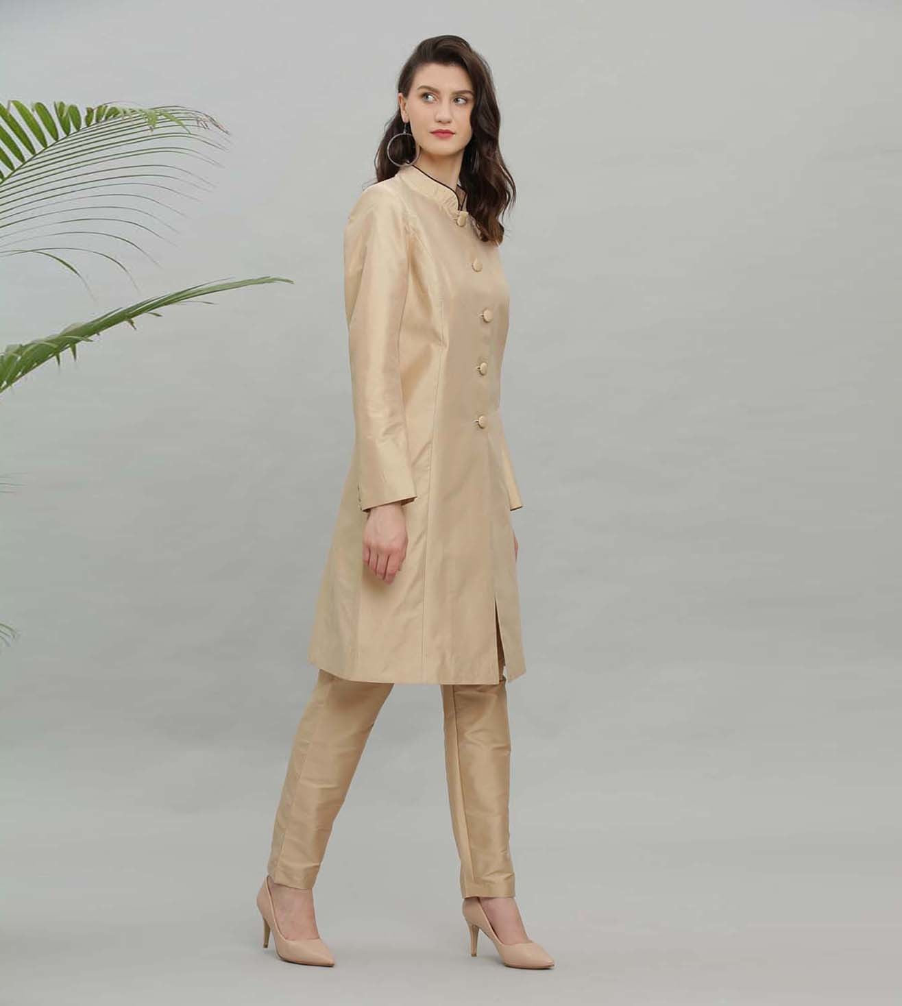 Kaanchie Nanggia Gold Solid Jacket Kurta And Pant - (Set of 2)