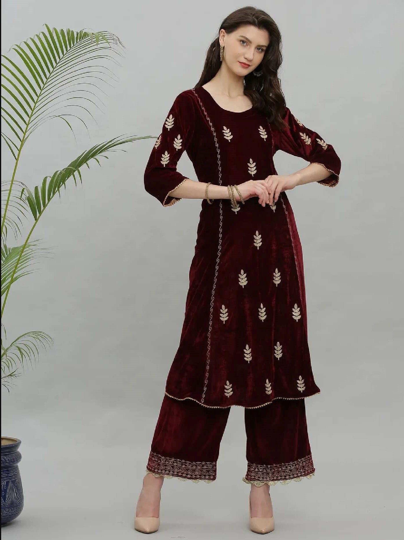 Kaanchie Nanggia Maroon Embroidery Velvet Kurta Pallazo - (Set of 2)