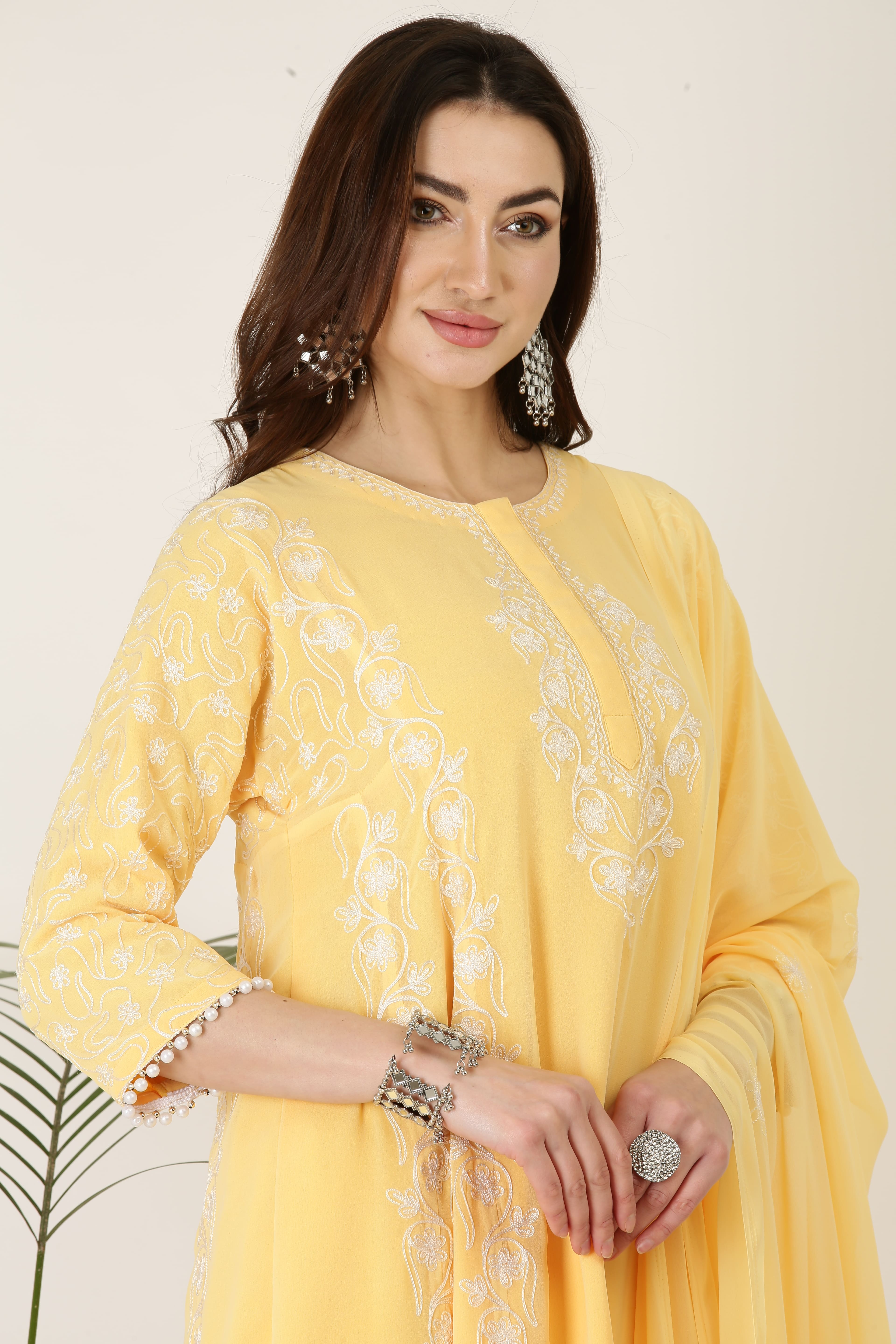 Kaanchie Nanggia Heavy Embroidered Yellow Georgette Kurta Pant Dupatta (Set of 3)