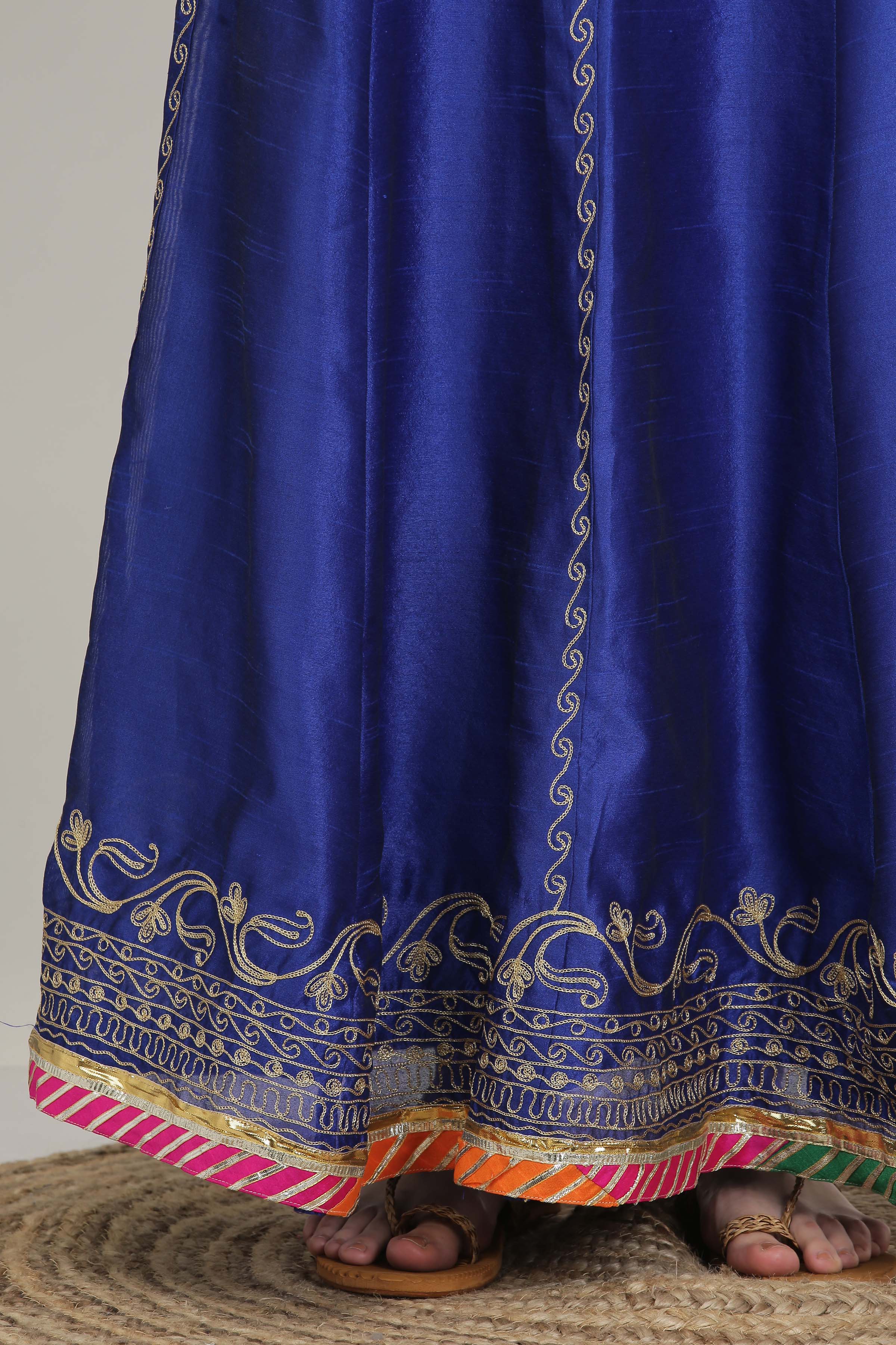 Kaanchie Nanggia Poly Silk Blue Embroidery Lehenga (Set of 3)