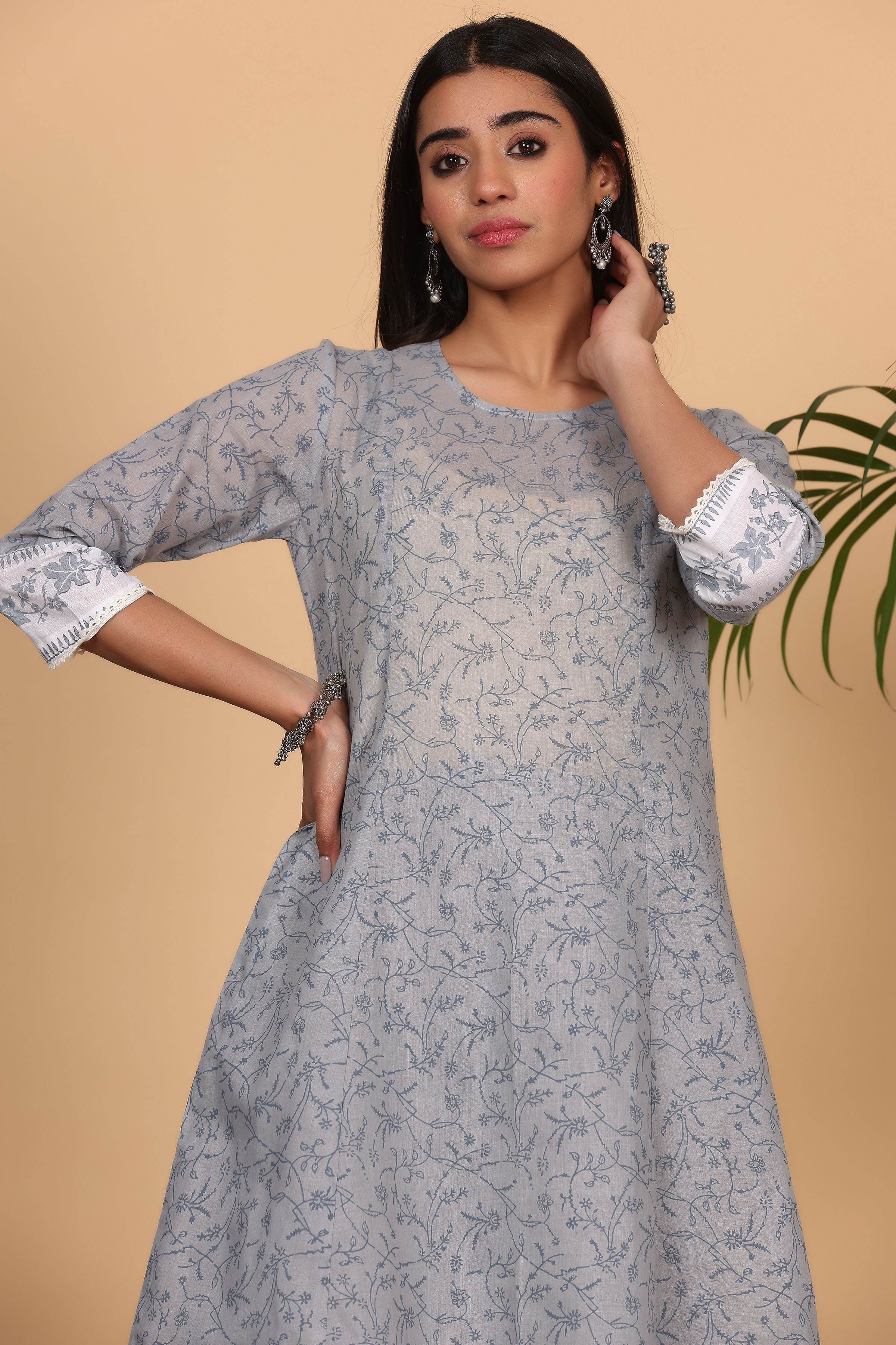 Kaanchie Nanggia Grey Printed Kurta Dupatta with Churidar (Set of 3)