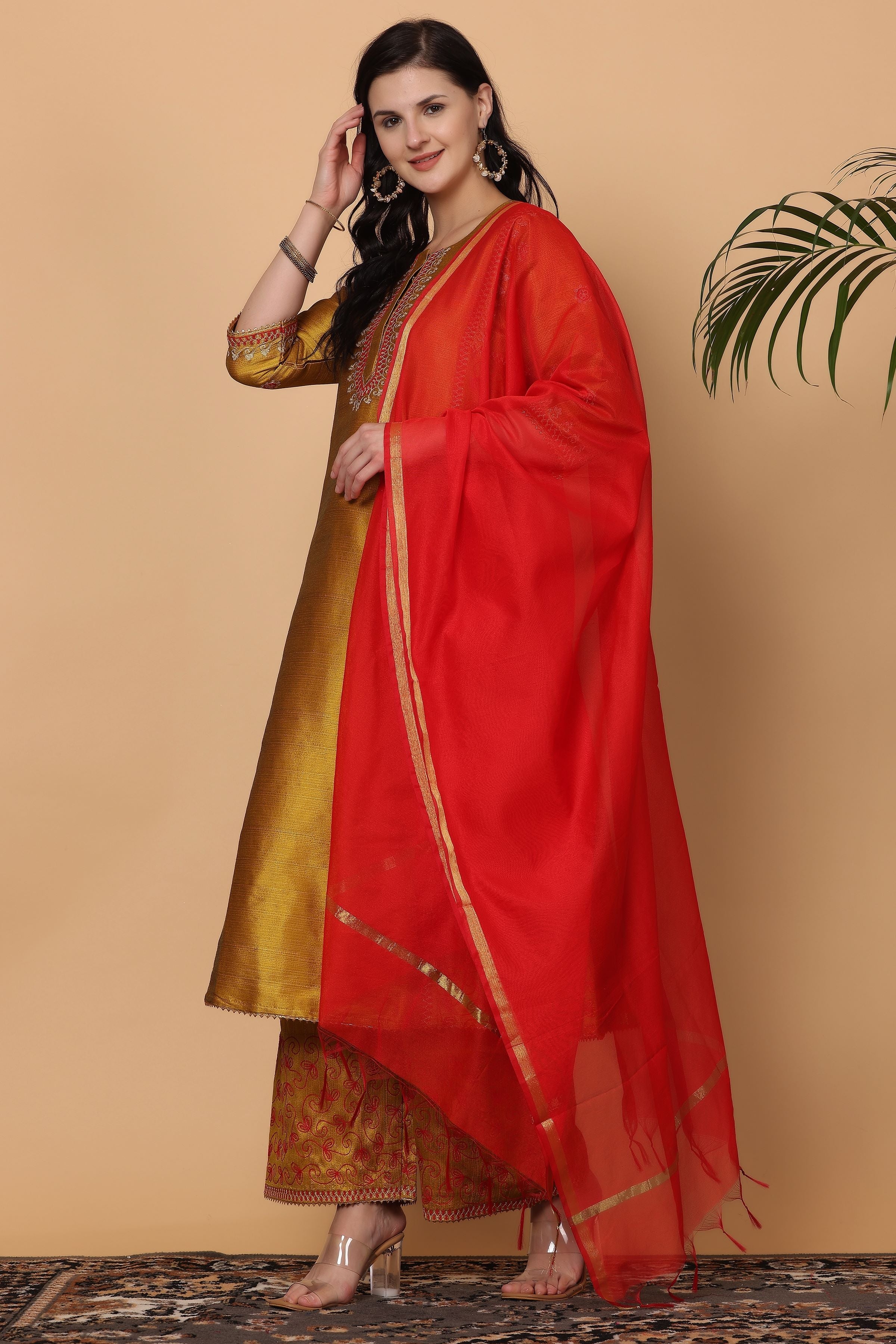 Kaanchie Nanggia Mustard Embroidered Kurta Palazzo with Dupatta (Set of 3)