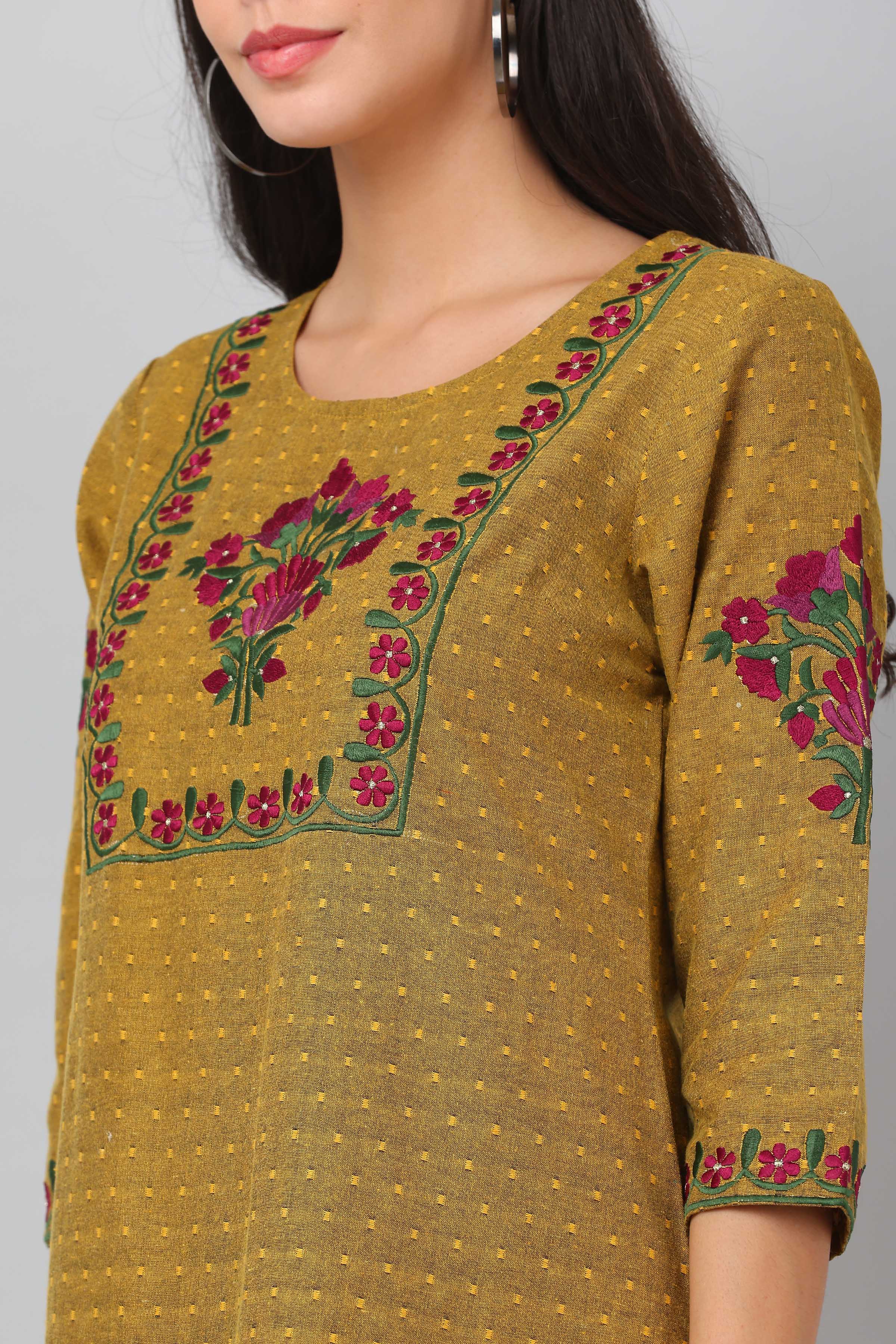 Kaanchie Nanggia Mustard Straight Kurta & Pants (Set of 2)