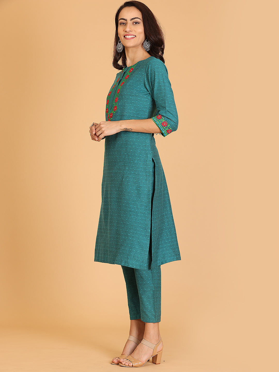 Kaanchie Nanggia Green Embroidered A-Line Kurta with Pant (Set of 2)