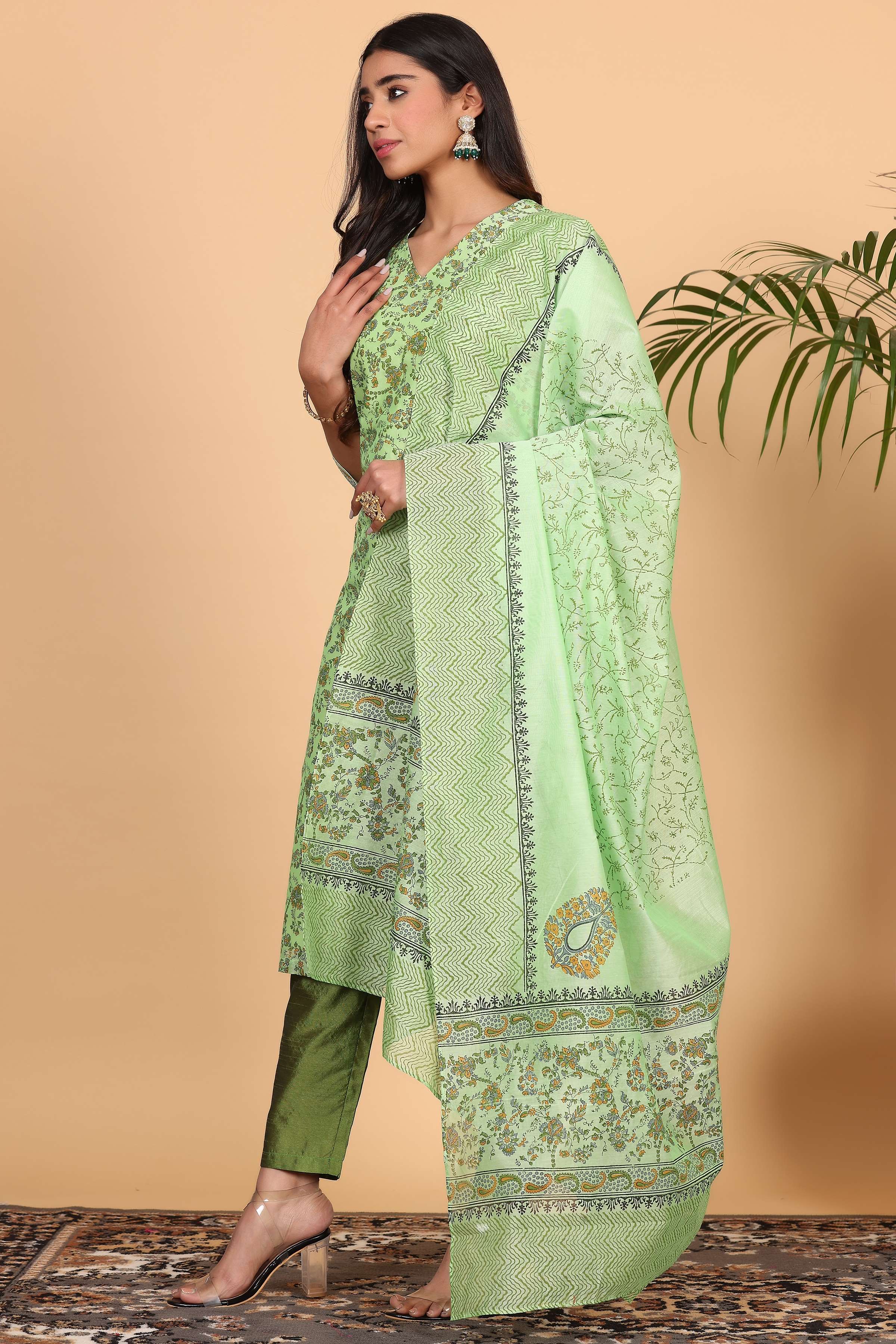 Kaanchie Nanggia Lite Green Chanderi Printed Kurta Dupatta with Pants (Set of 3)