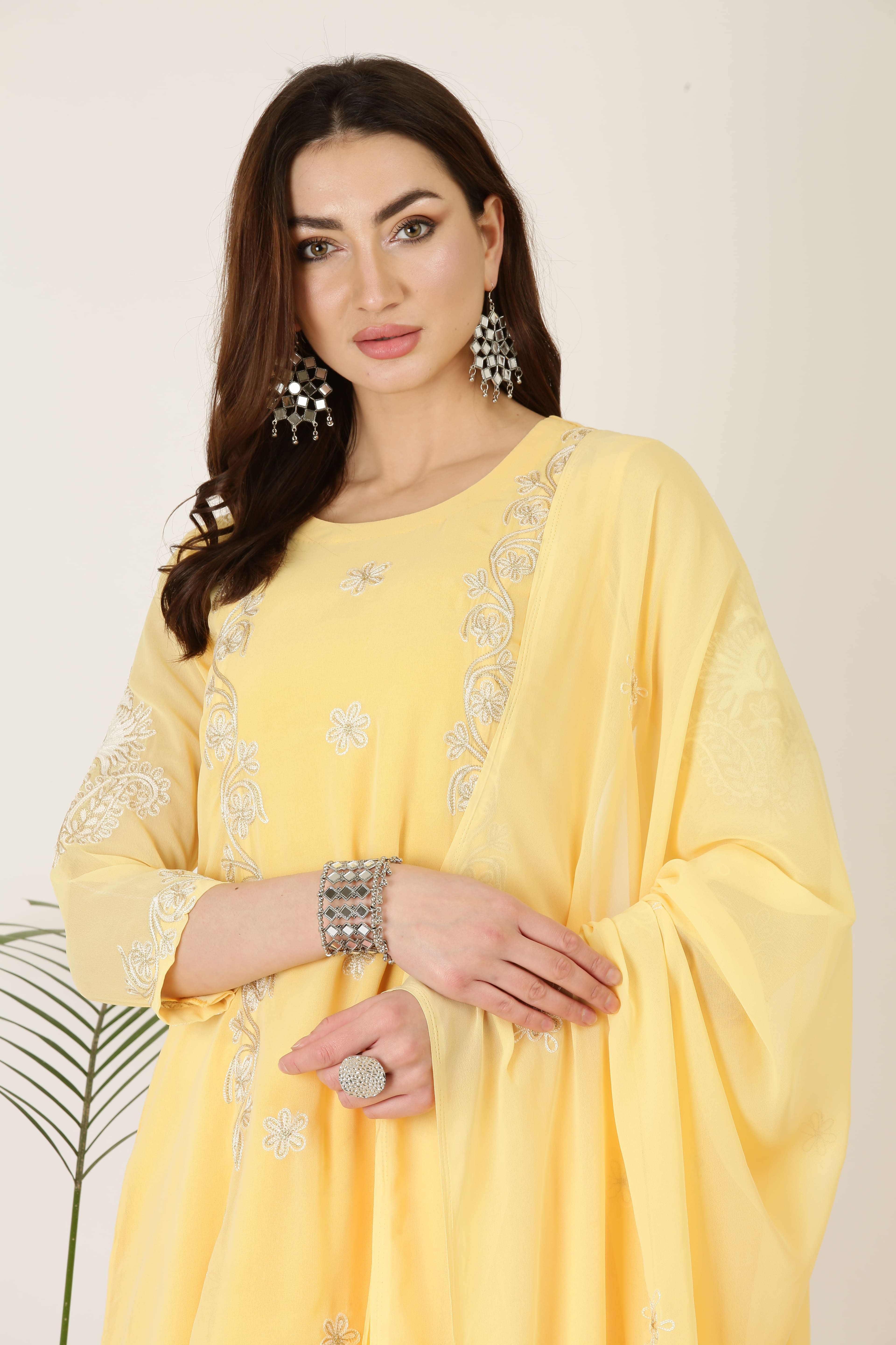 Kaanchie Nanggia Yellow Georgette Kurta Pant Dupatta (Set of 3)