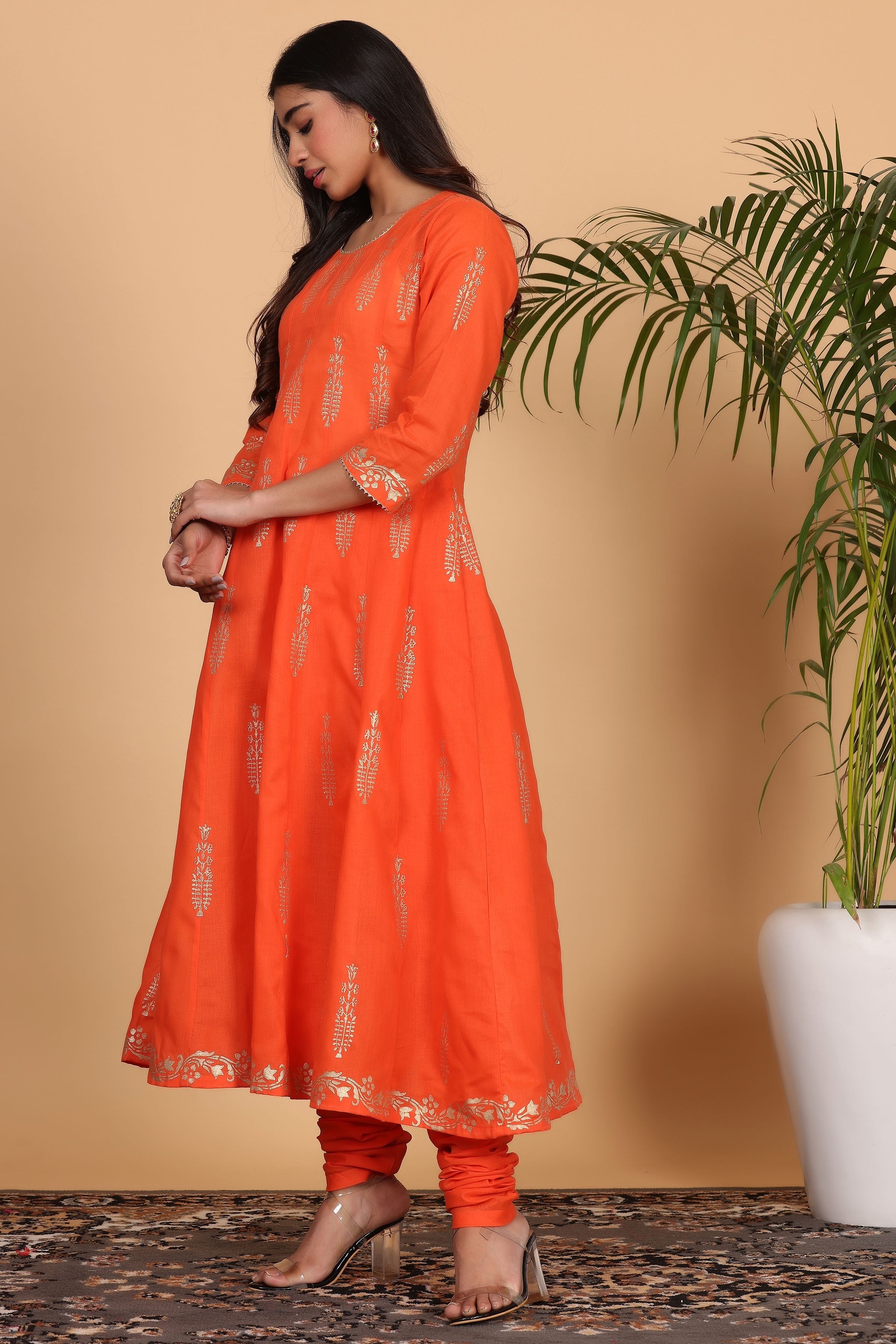 Kaanchie Nanggia Orange Printed Kalidar Kurta Dupatta with Churidar (Set of 3)