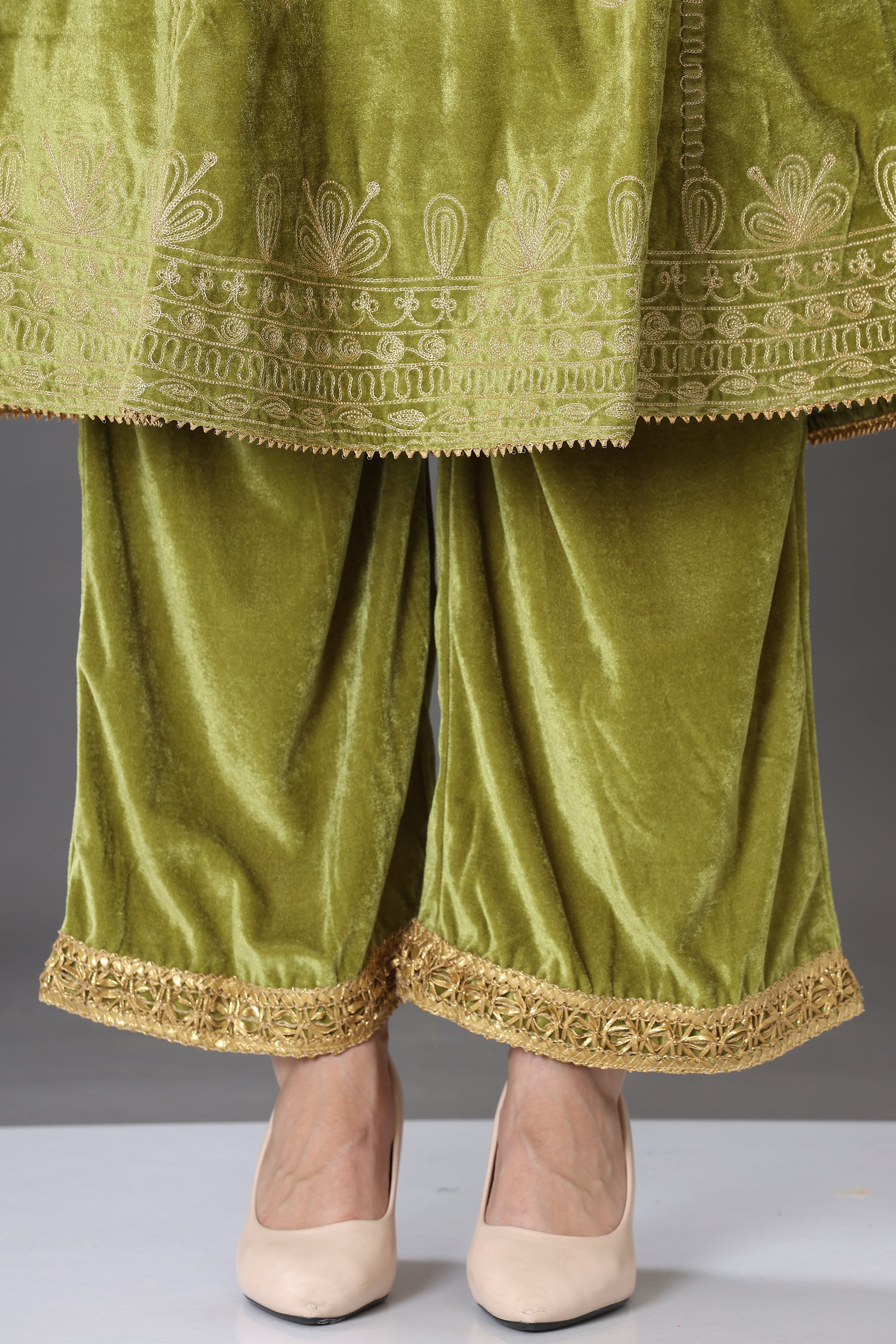 Kaanchie Nanggia Green Velvet Embroidered Party Wear Kurta with Palazzo (Set of 2)