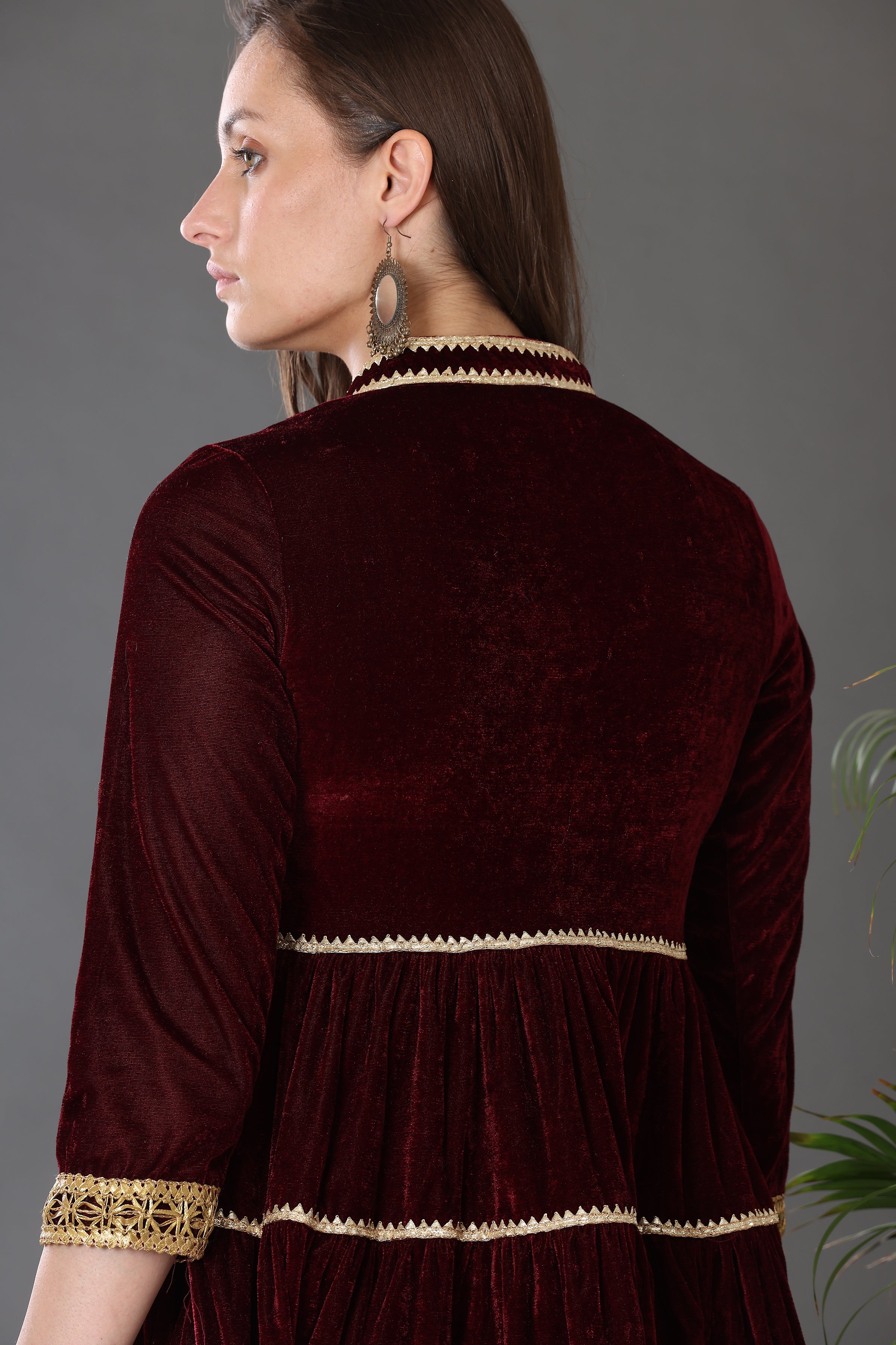 Kaanchie Nanggia Maroon Velvet with Gota Patti Work Flared Kurta Palazzo & Dupatta (Set of 3)