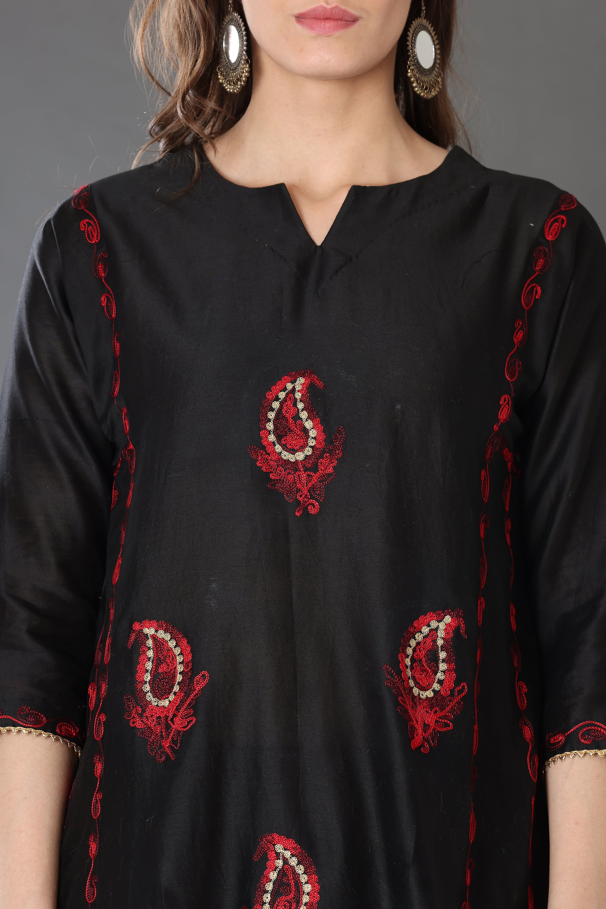 Kaanchie Nanggia Black Embroidered Cotton Silk Kurta Palazzo (Set of 2)