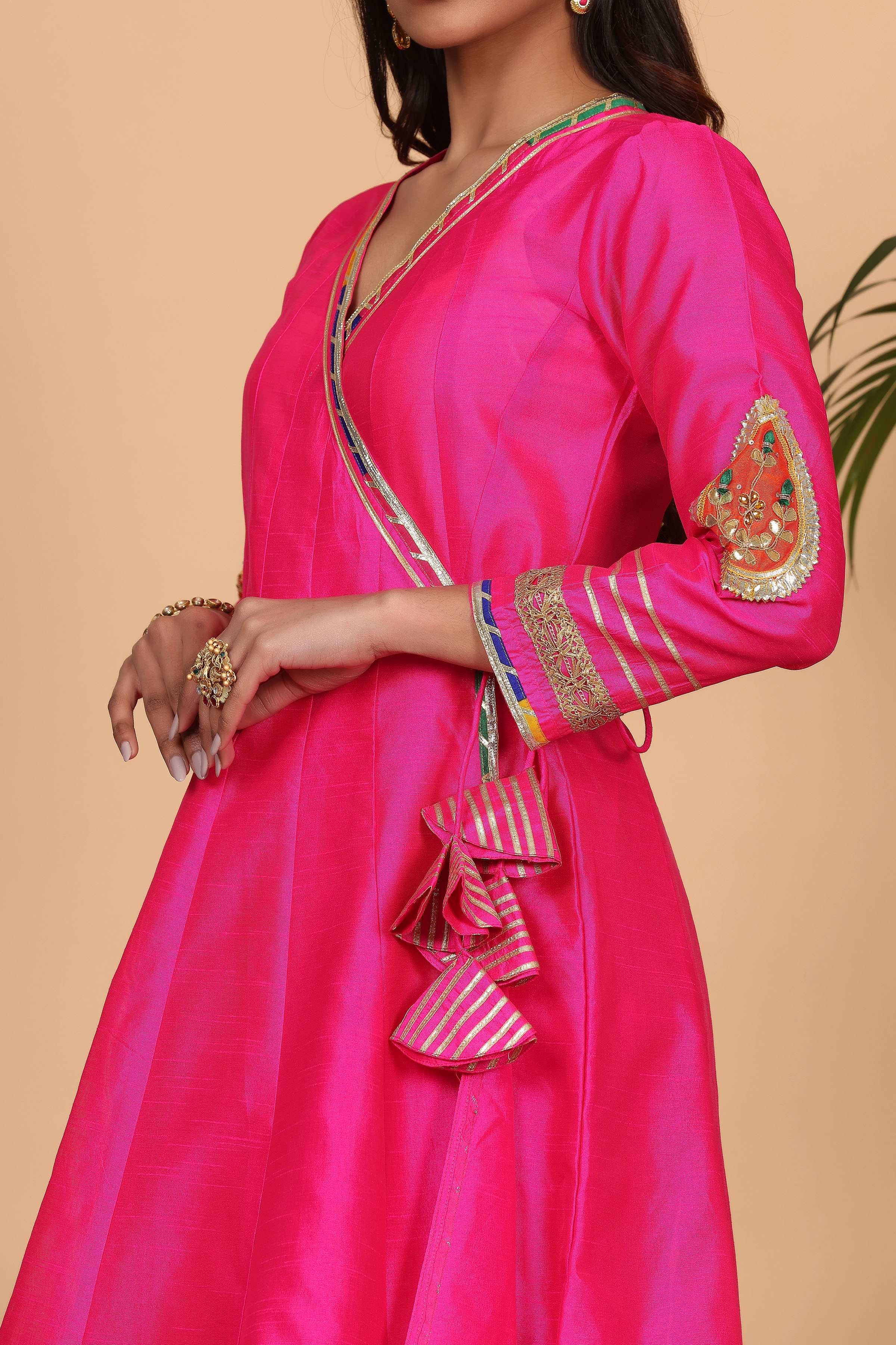 Kaanchie Nanggia Pink Silk Gota Work Anarkali Kurta Printed Dupatta with Churidar (Set of 3)