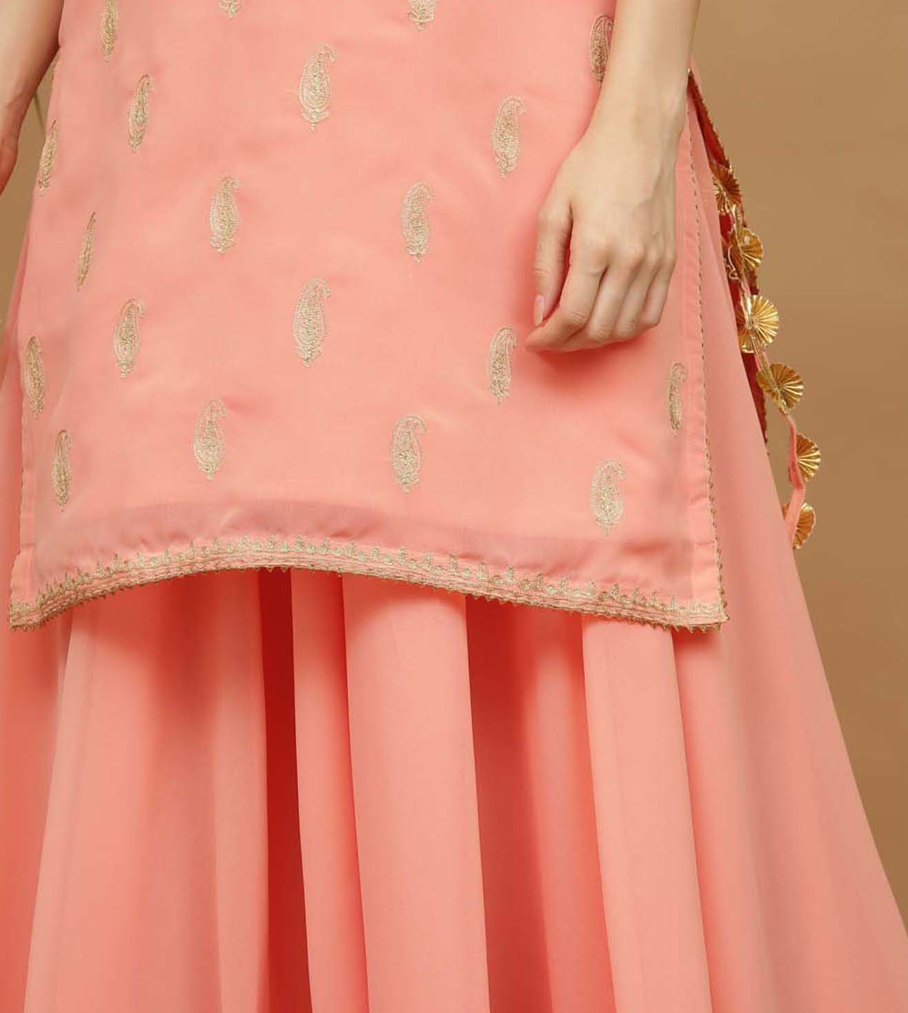 Kaanchie Nanggia Peach Embroidery Georgette Kurta with Skirt & Dupatta(Set of 3)