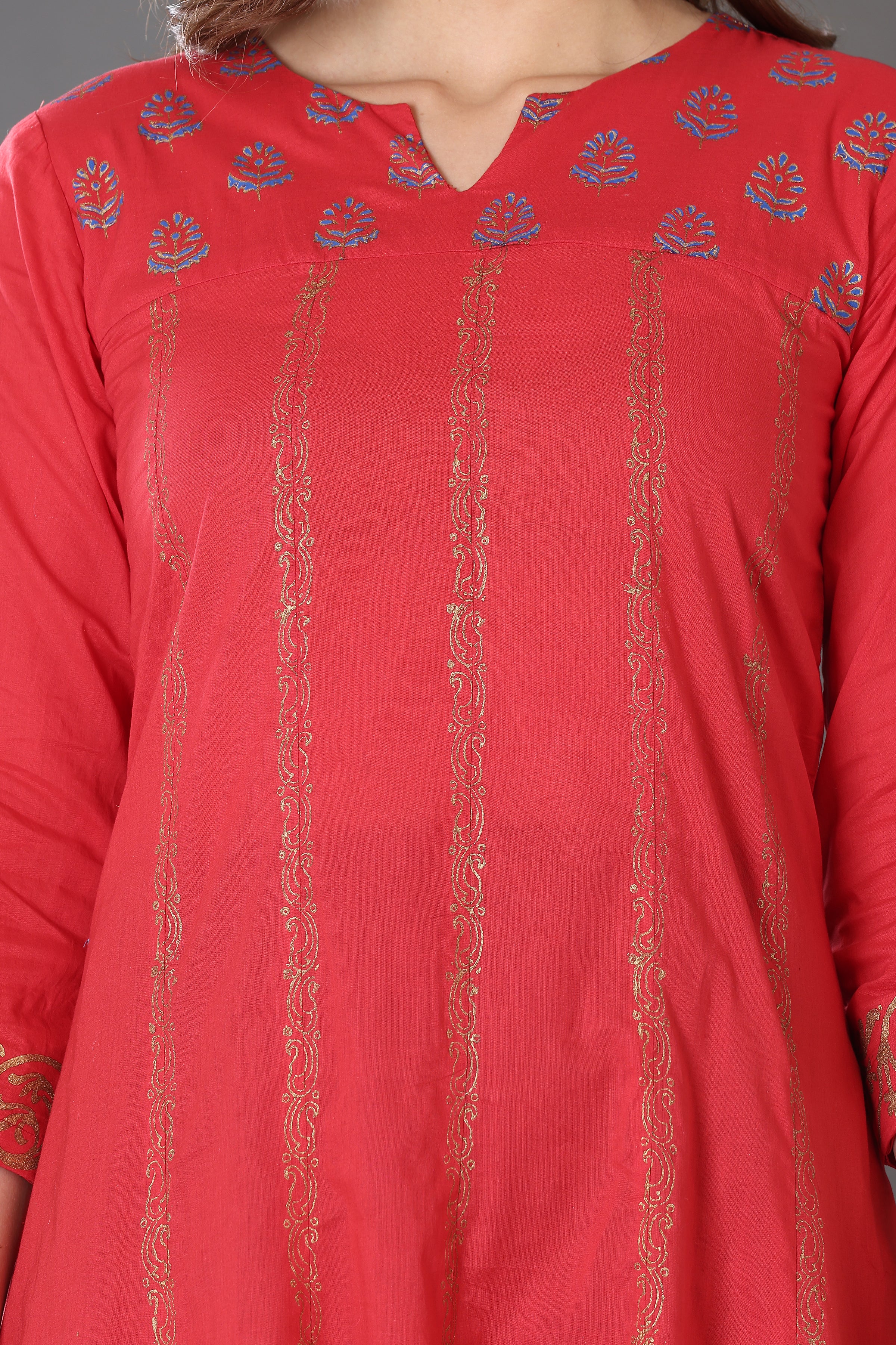 Kaanchie Nanggia Red Block Printed Anarkali with Leggings and Dupatta (Set of 3)