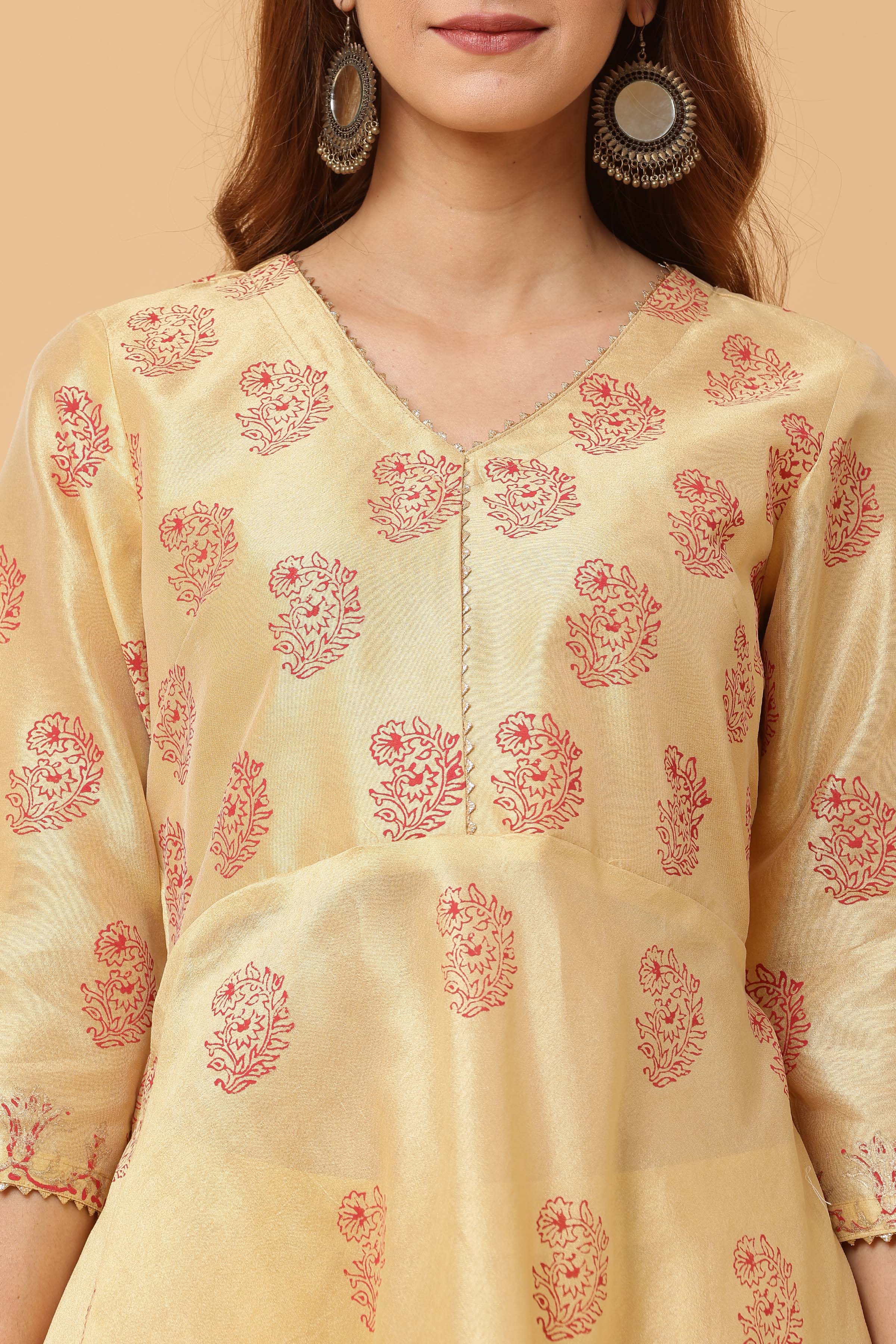 Kaanchie Nanggia Beige Flared Printed Kurta with Pant (Set of 2)