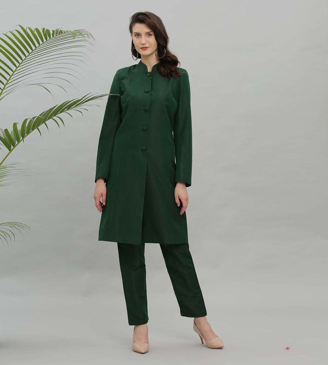 Kaanchie Nanggia Green Solid Jacket Kurta And Pant - (Set of 2)