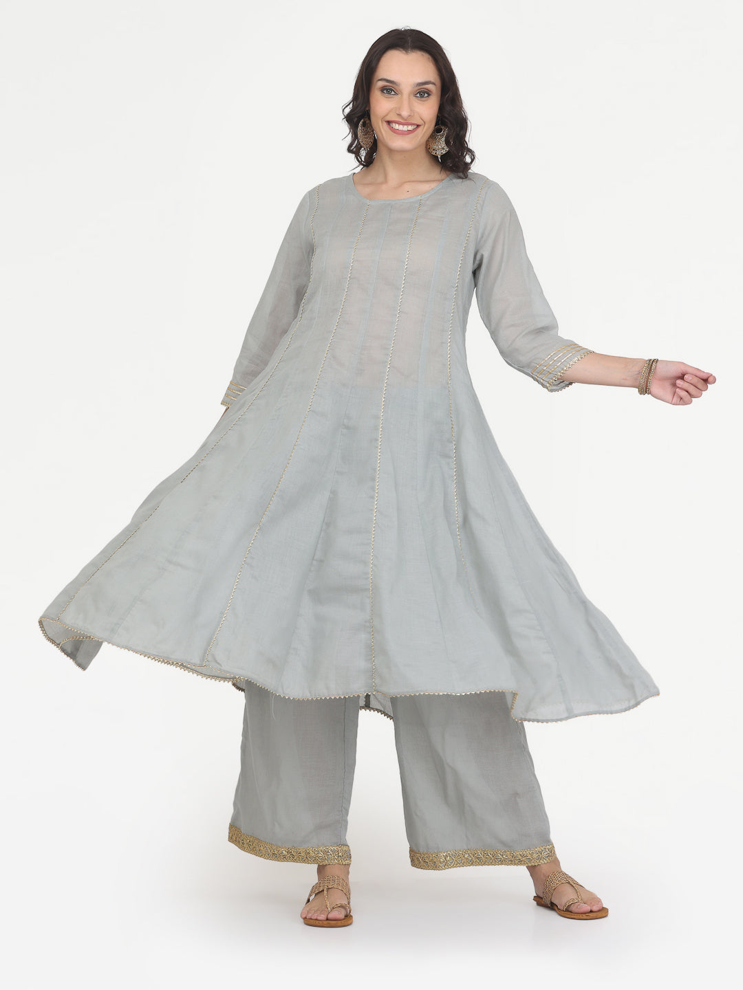 Kaanchie Nanggia Grey Gota Work Kurta Pant with Printed Dupatta (Set of 3)