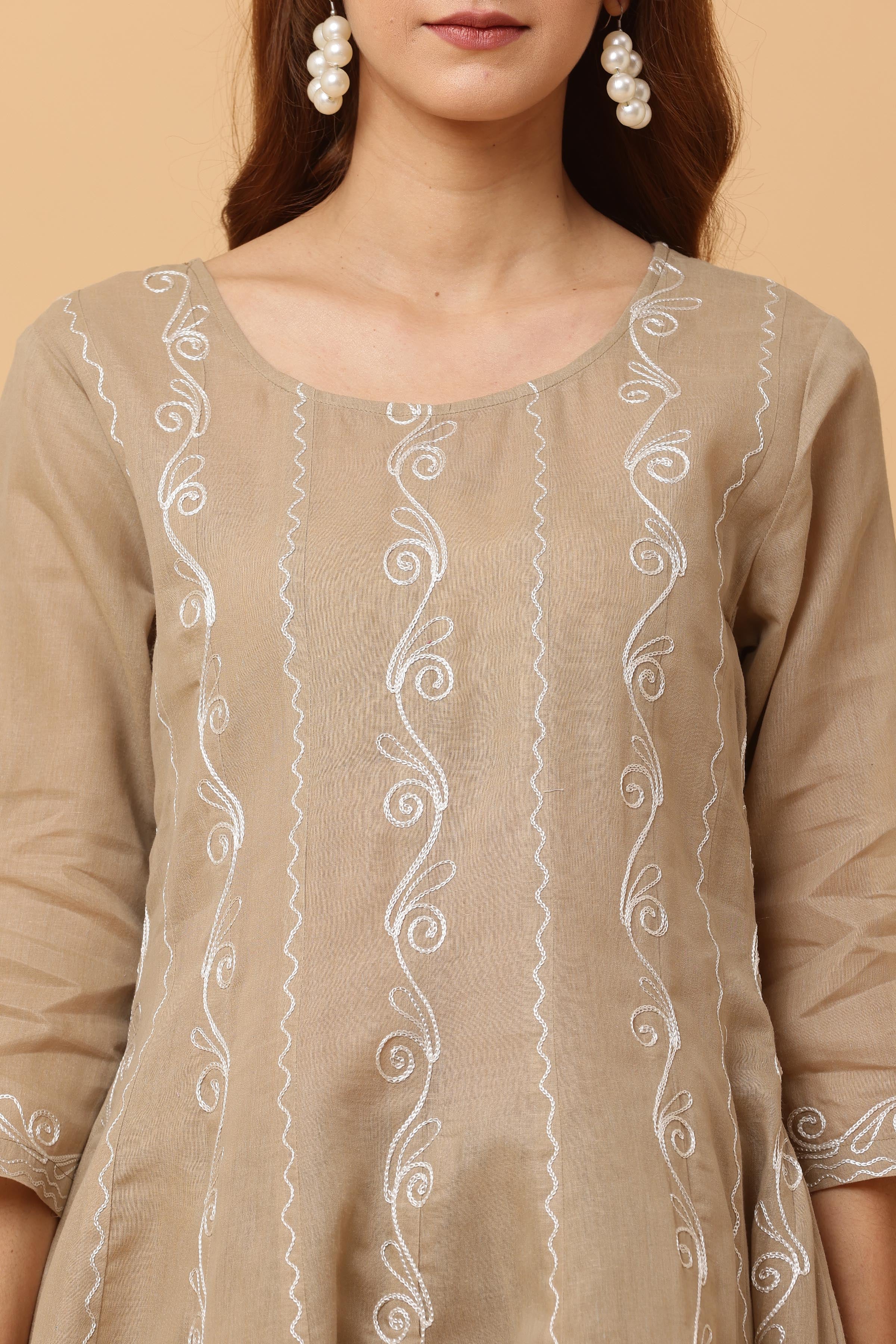 Kaanchie Nanggia Beige Kalidar Emb Kurta Chudidar with Dupatta (Set of 3)