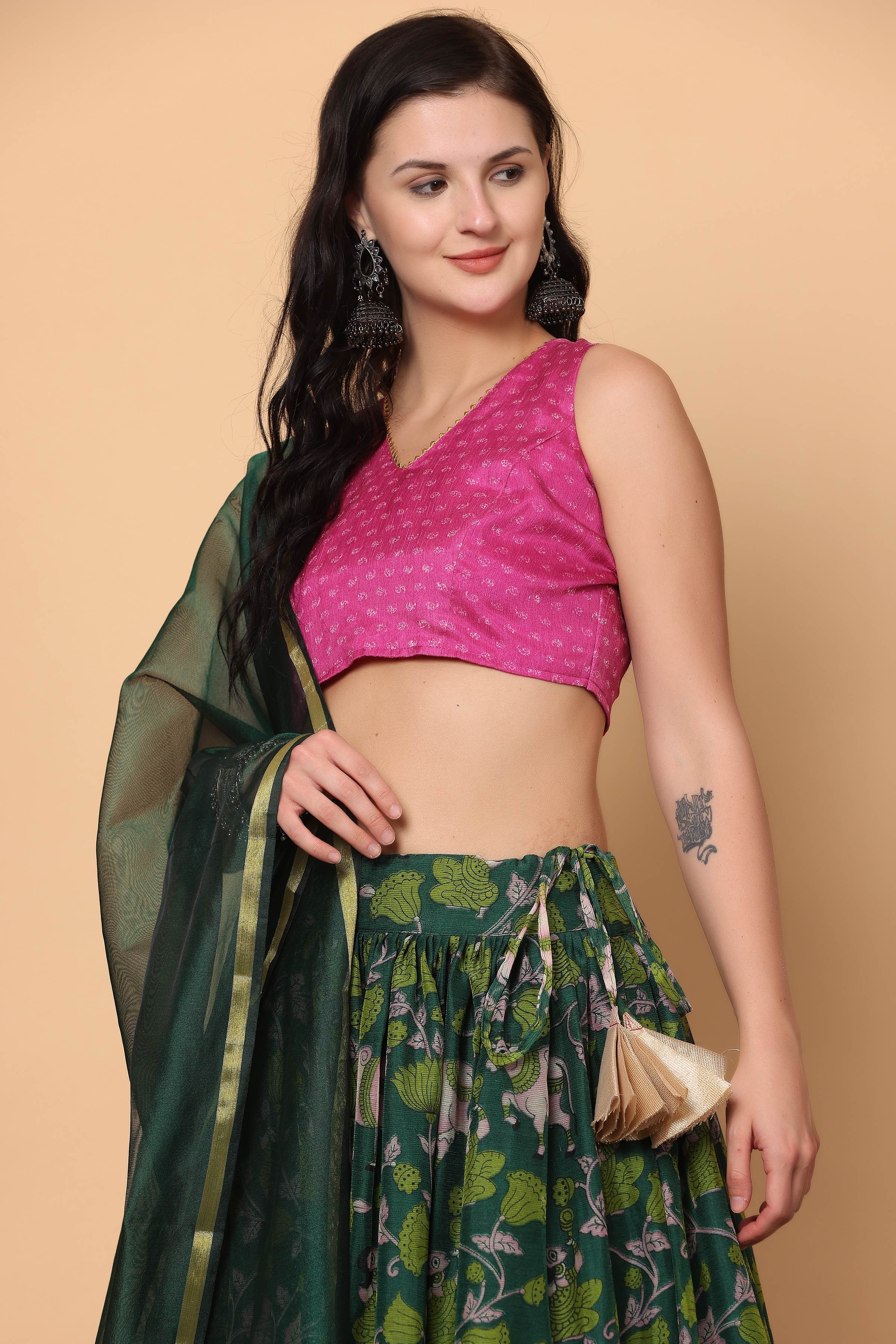 Kaanchie Nanggia Pink Green Lehenga with Blouse and Dupatta (Set of 3)